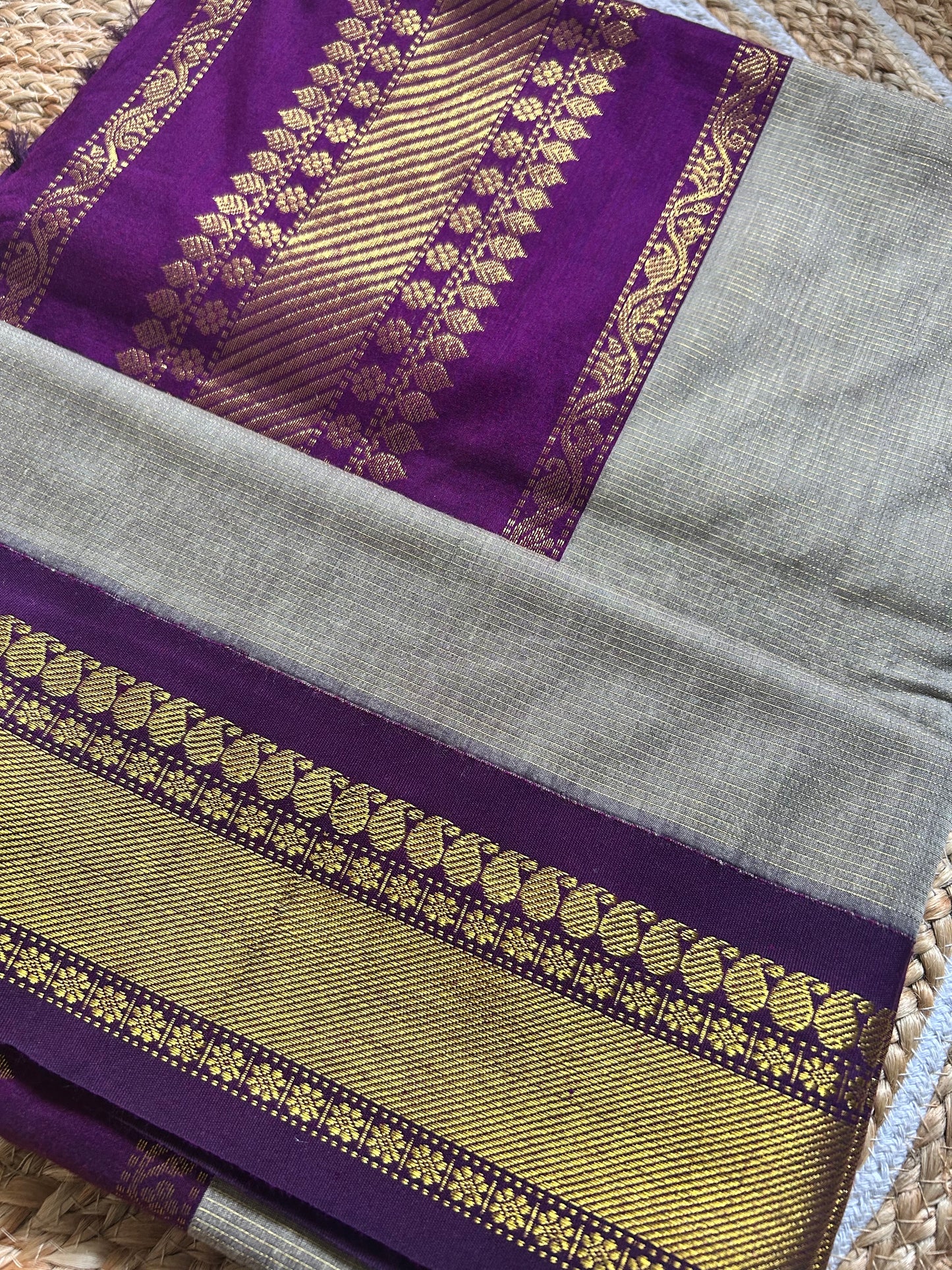 Ash Grey & Purple Handloom Silk Cotton Saree with Gold Zari Border