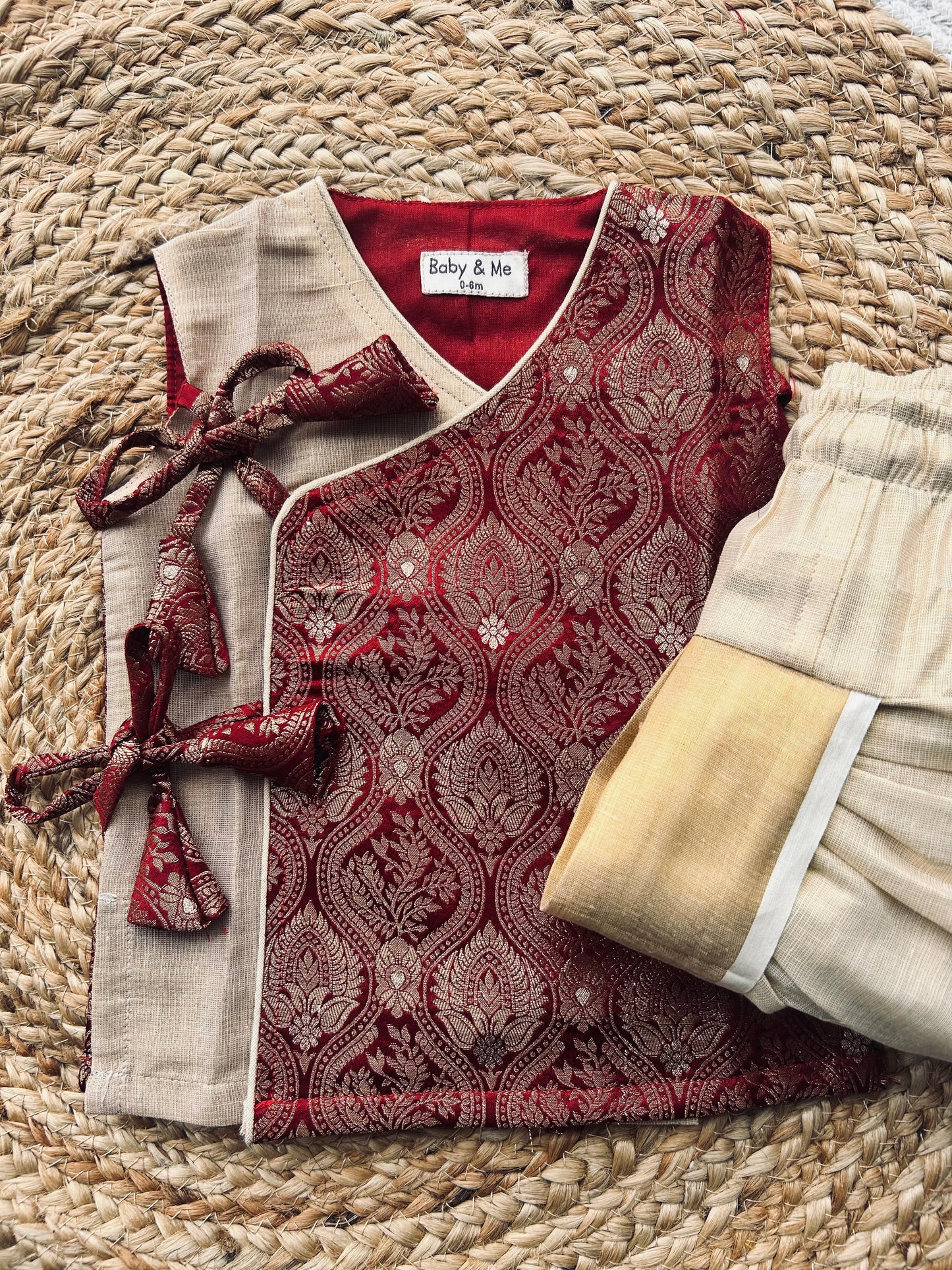 Maroon Banarasi angrakha with gold tissue dhoti comfortable ethnic wear for baby boy