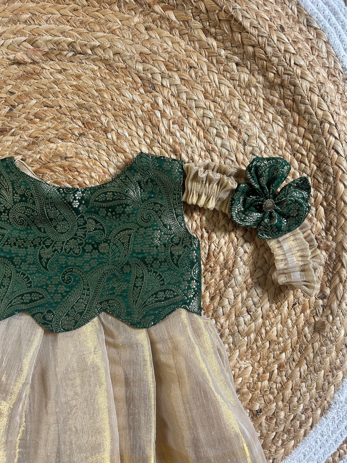 Royal Green & Golden Gleam  Scallop Gown Ethnic Wear for Baby Girl – Birthday frock for Baby Girl