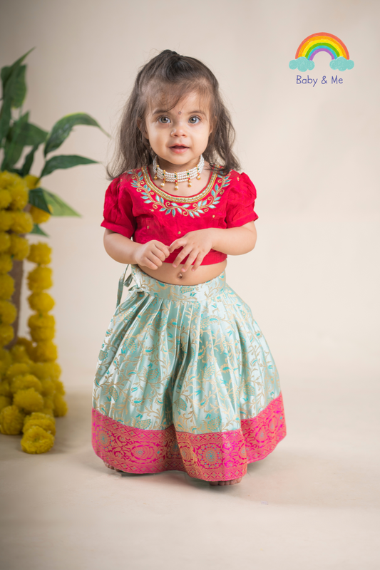 Pink and ananda blue buff sleeves silk south indian ethnic wear langa blouse for baby girl