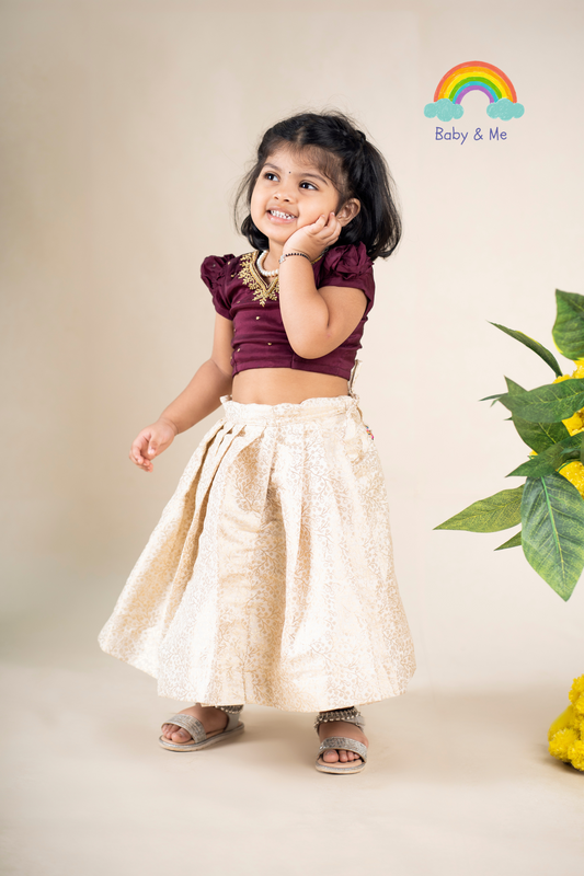 Wine & white silk embroidery langa blouse ethnic wear for baby girl