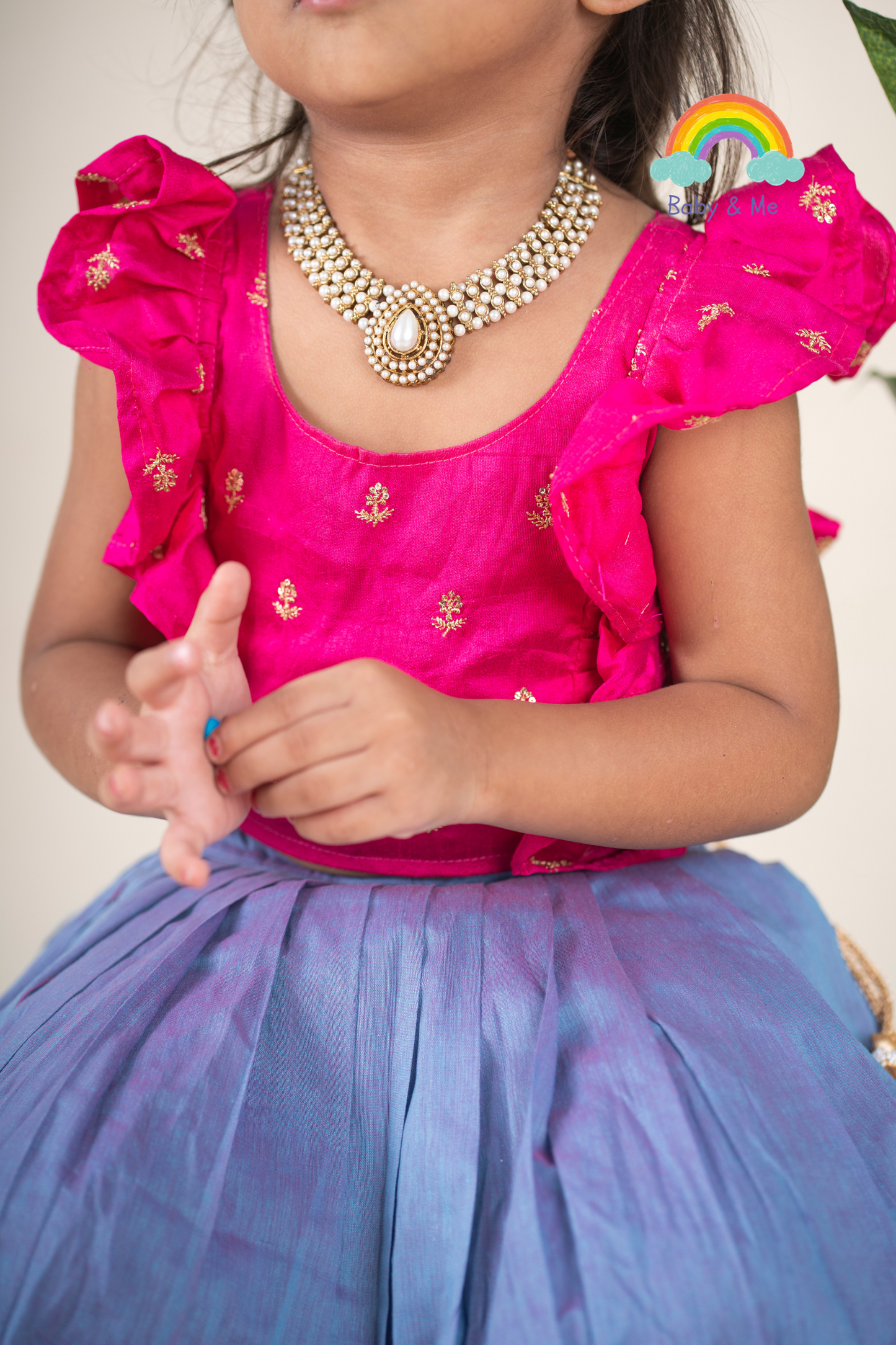 Hot pink ruffle sleeves blouse with unicorn langa - lehenga ethnic traditional wear for baby girl
