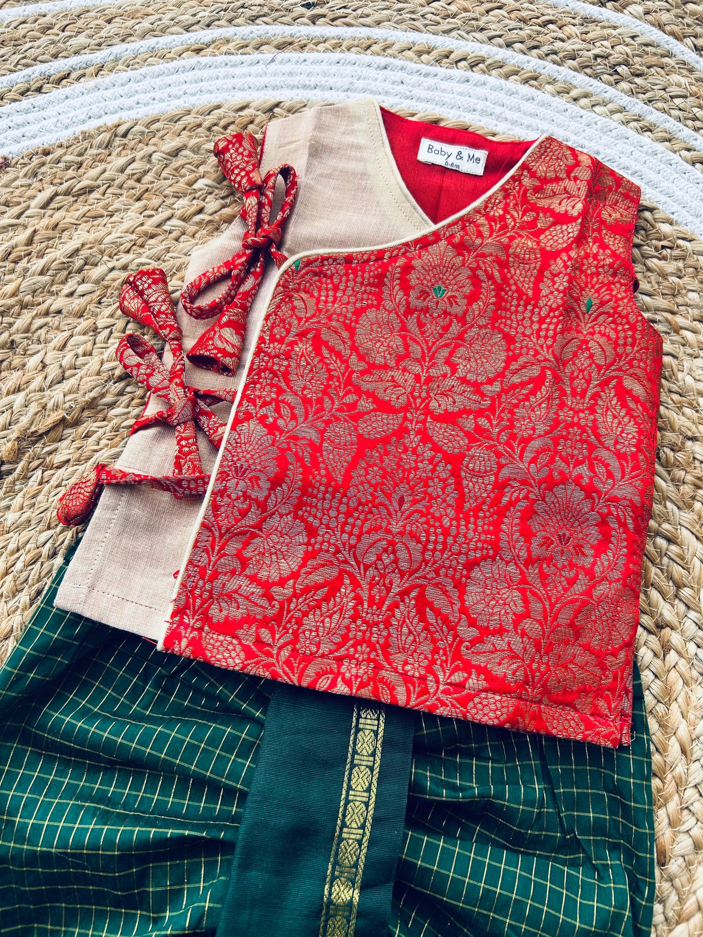 Red Banarasi angrakha with gold tissue dhoti comfortable ethnic wear for baby boy