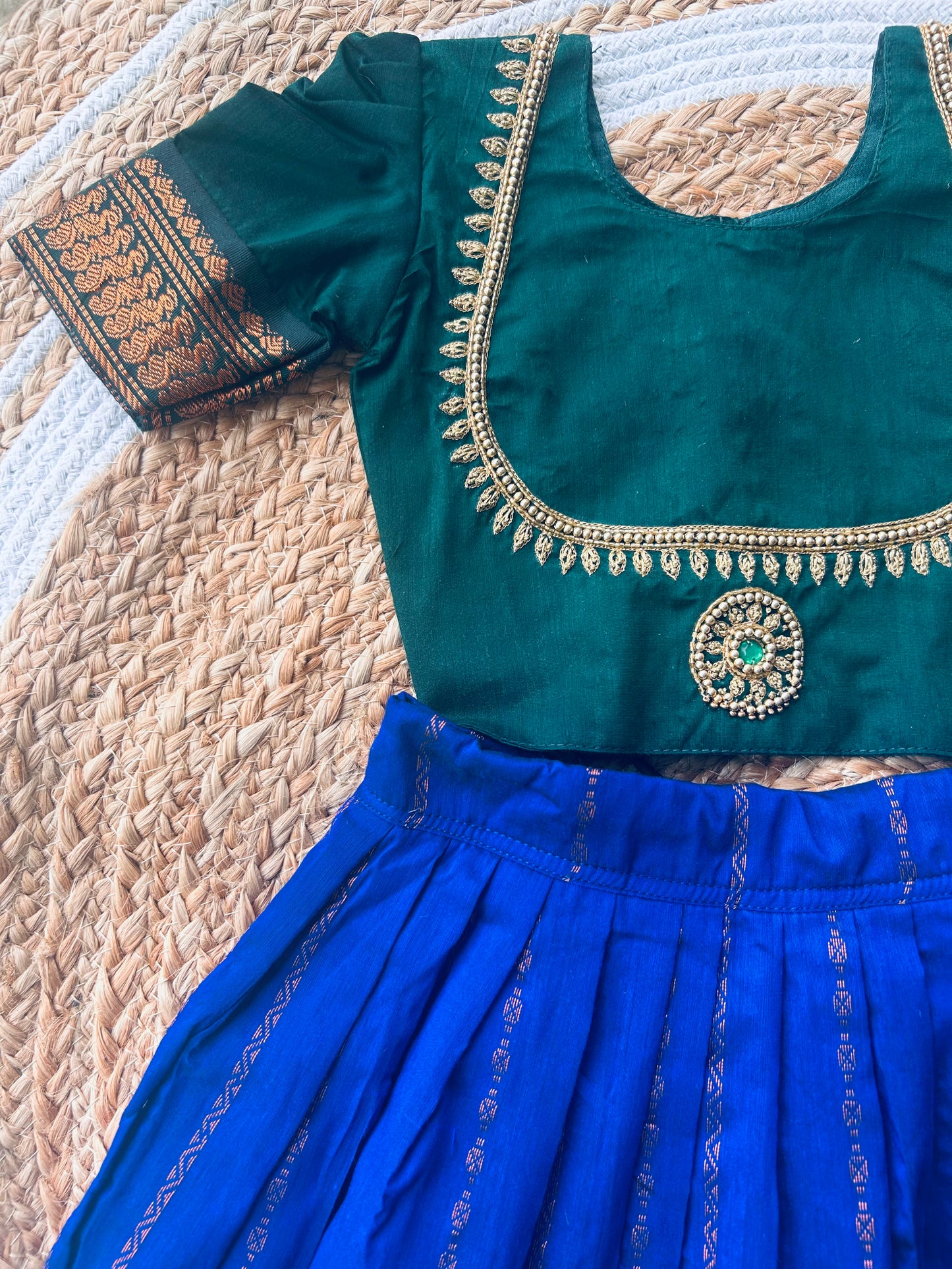 Little Lakshmi Traditional pavadai pure cotton with zari weaving and hand embroidery langa blouse set for baby girl