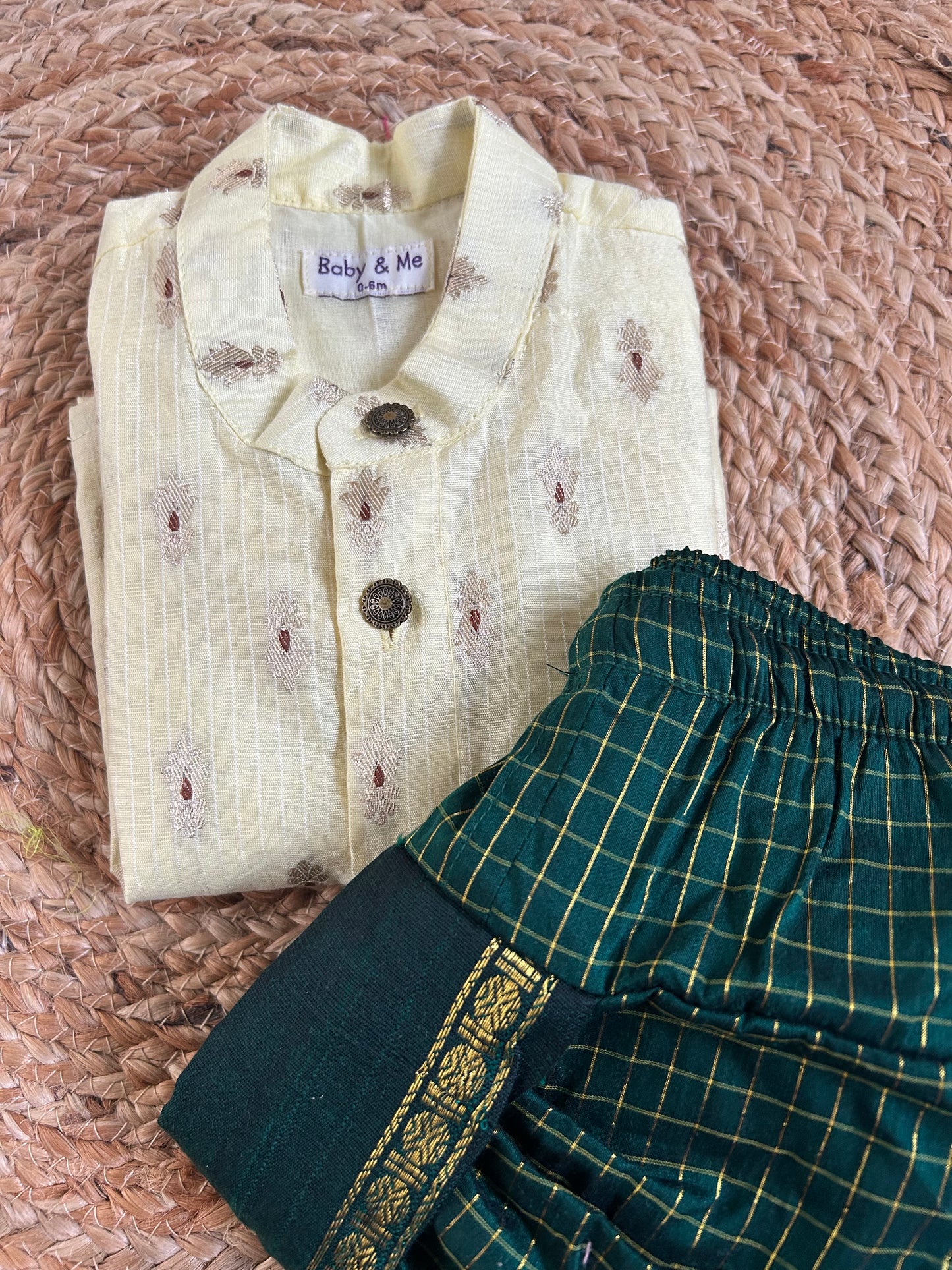 Yellow banarasi cotton with zari butta work and bottle green checked Dhoti for Boys – Traditional Ethnic Wear for Baby Boy