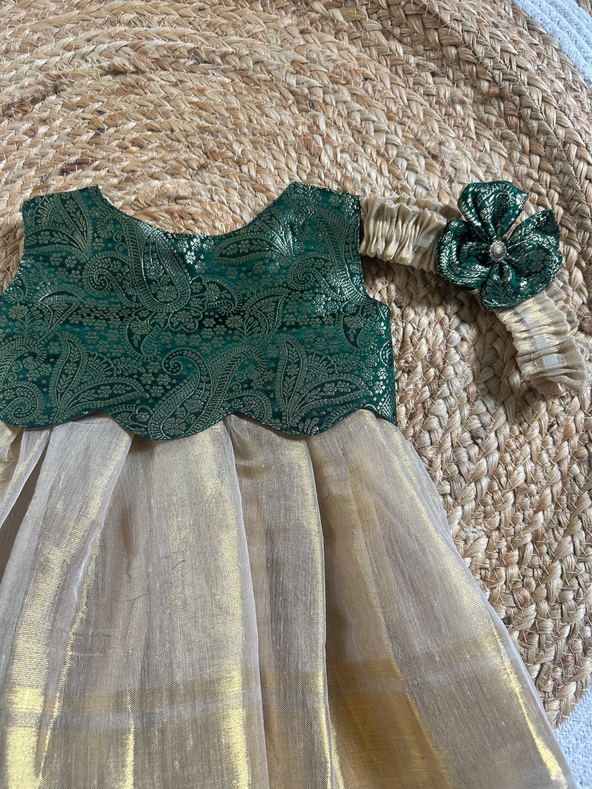 Royal Green & Golden Gleam  Scallop Gown Ethnic Wear for Baby Girl – Birthday frock for Baby Girl