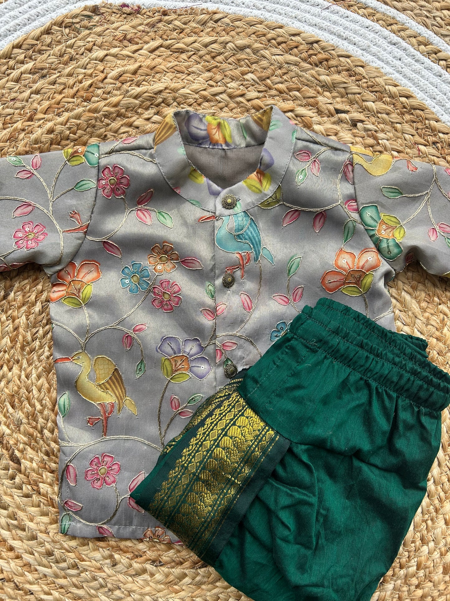 Floral Embroidered kurta with green dhoti comfortable ethnic wear for baby boy