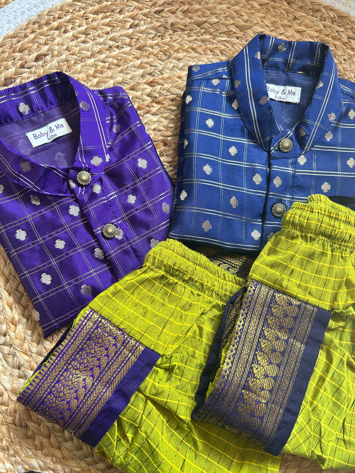 Navy blue reshme chowka Kurta with green  dhoti  traditional ethnic wear for baby boy