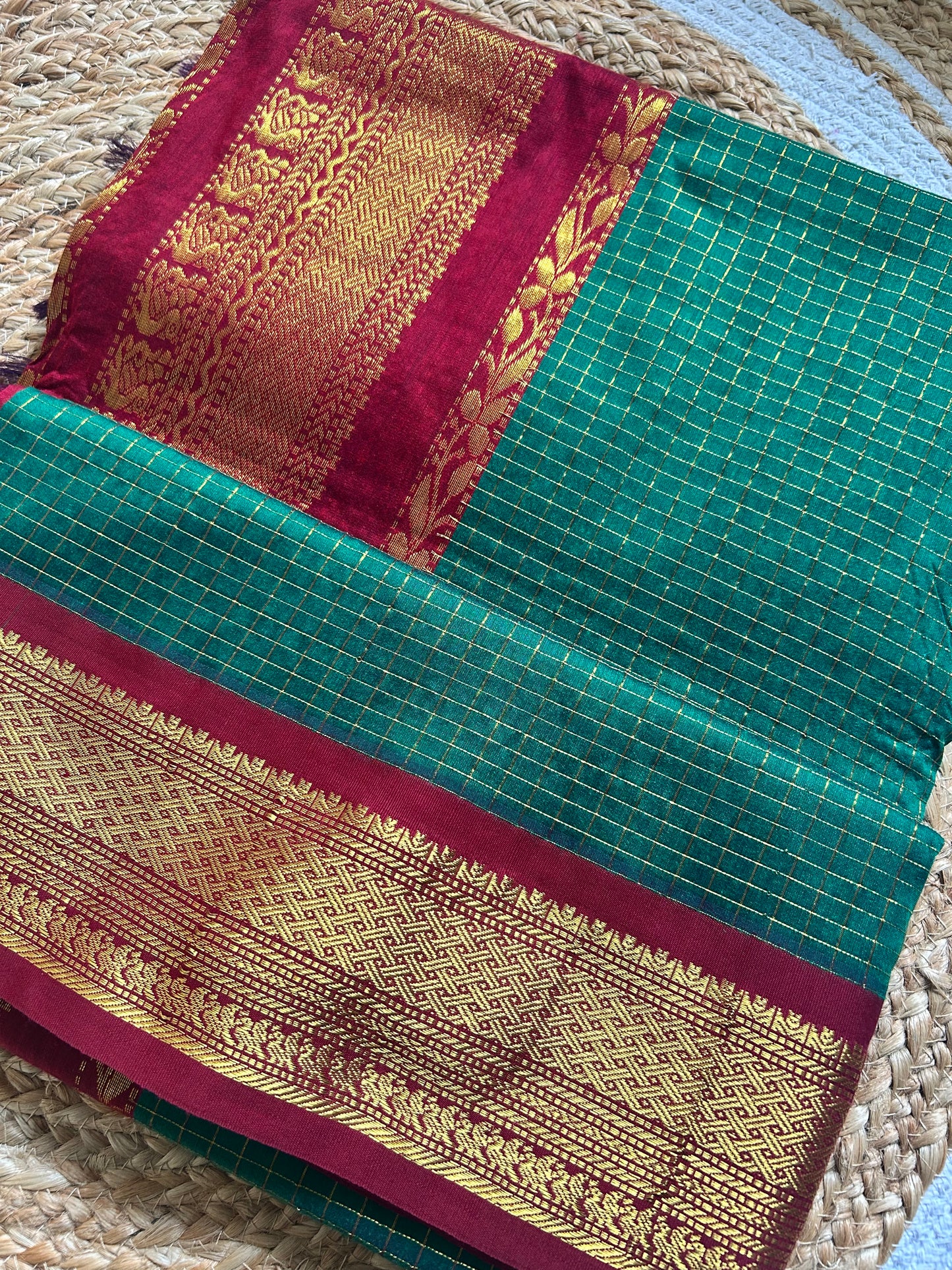 Teal Green & Maroon Handloom Silk Cotton Saree with Gold Zari Border