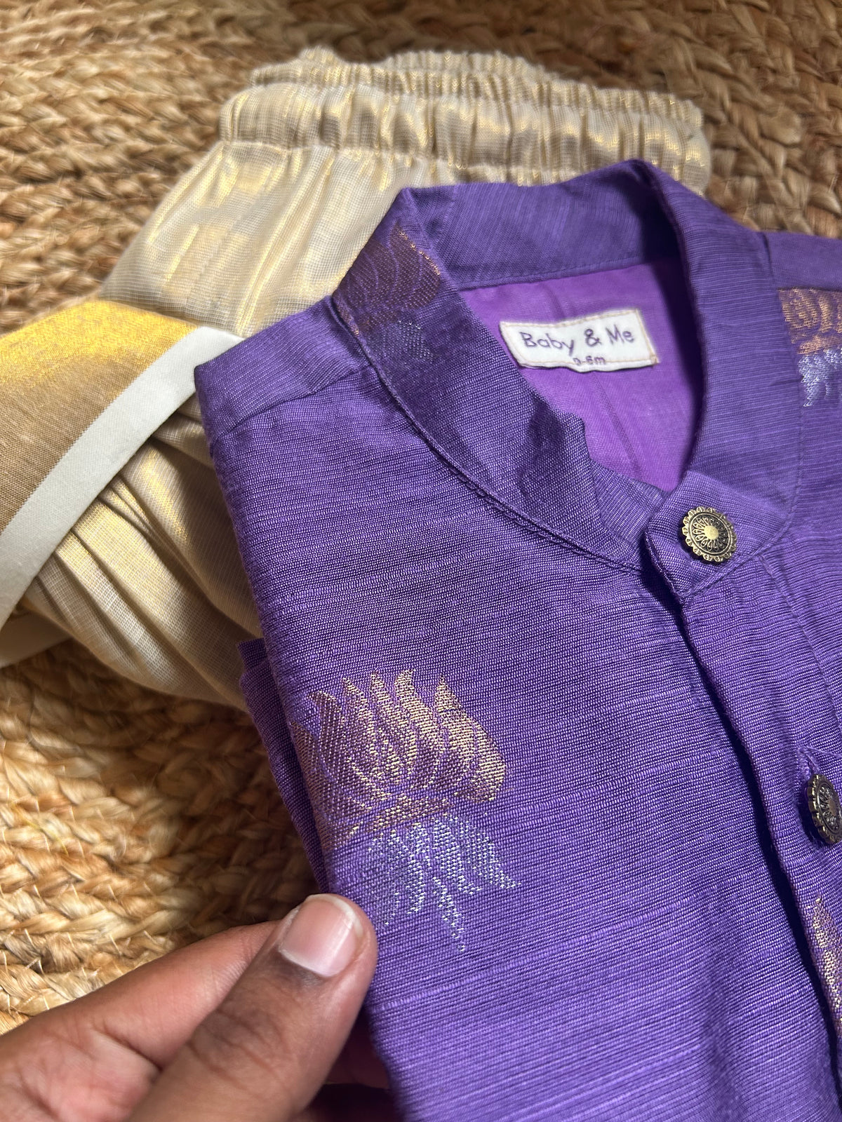 Purple lotus weave cotton silk kurta with gold Dhoti for Boys – Traditional South Indian Ethnic Wear for Baby Boy