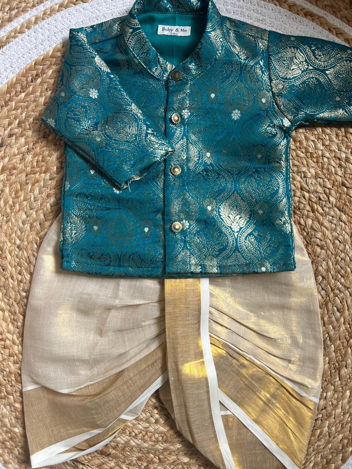 Peacock green banarasi royal kurta with traditional gold dhoti ethnic wear for baby boy