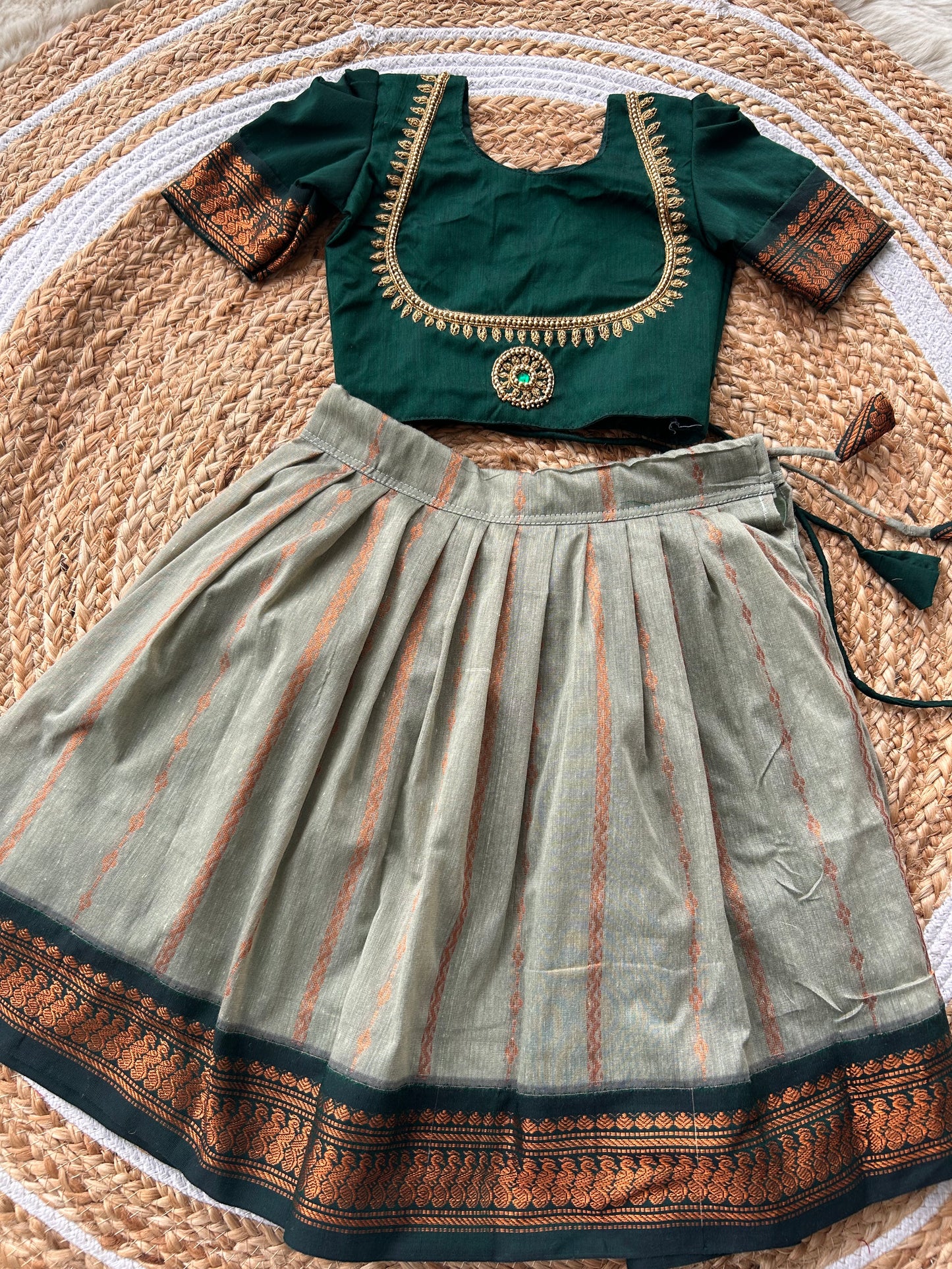 Little Lakshmi Traditional pavadai pure cotton with zari weaving and hand embroidery langa blouse set for baby girl