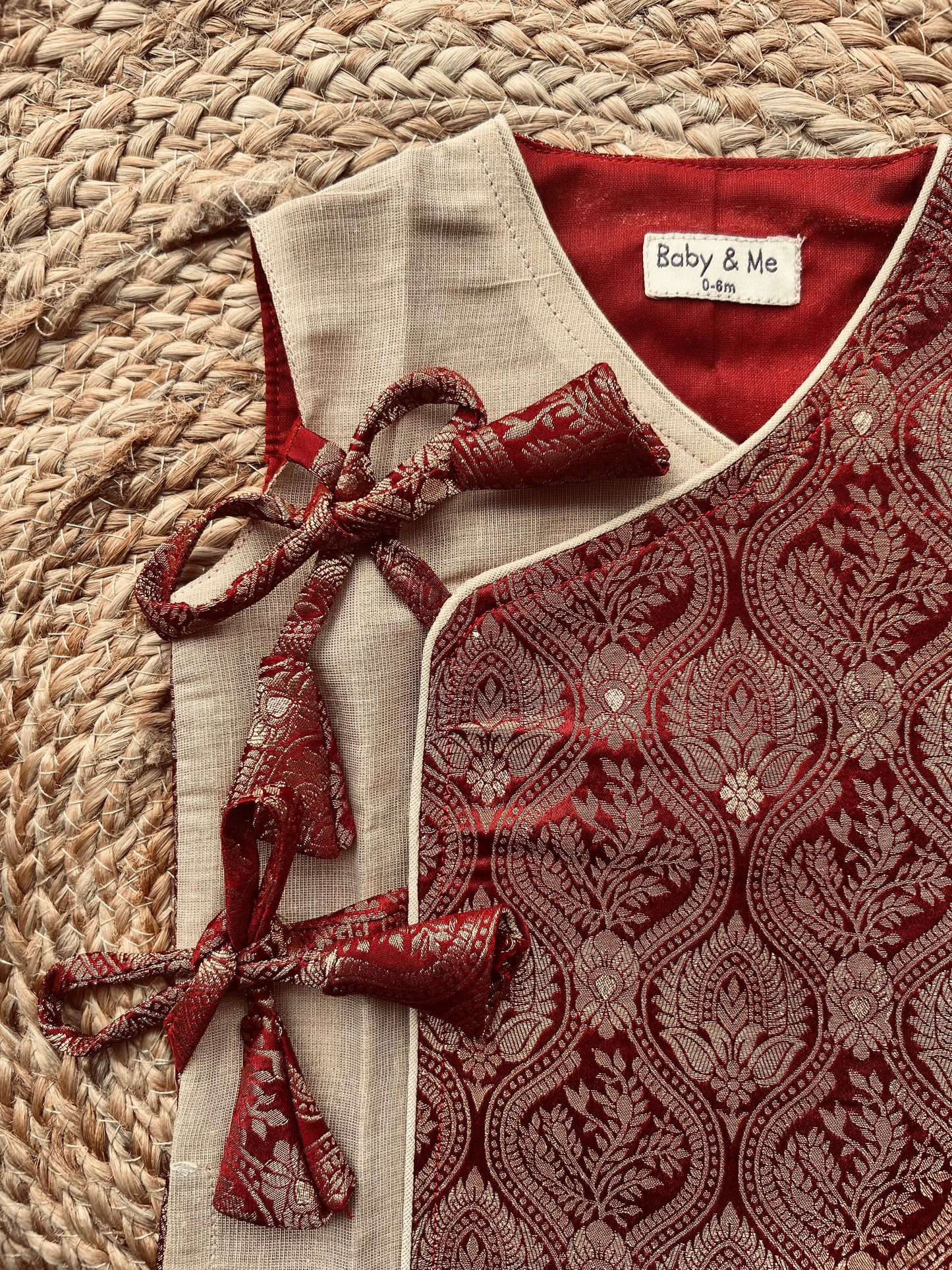 Maroon Banarasi angrakha with gold tissue dhoti comfortable ethnic wear for baby boy