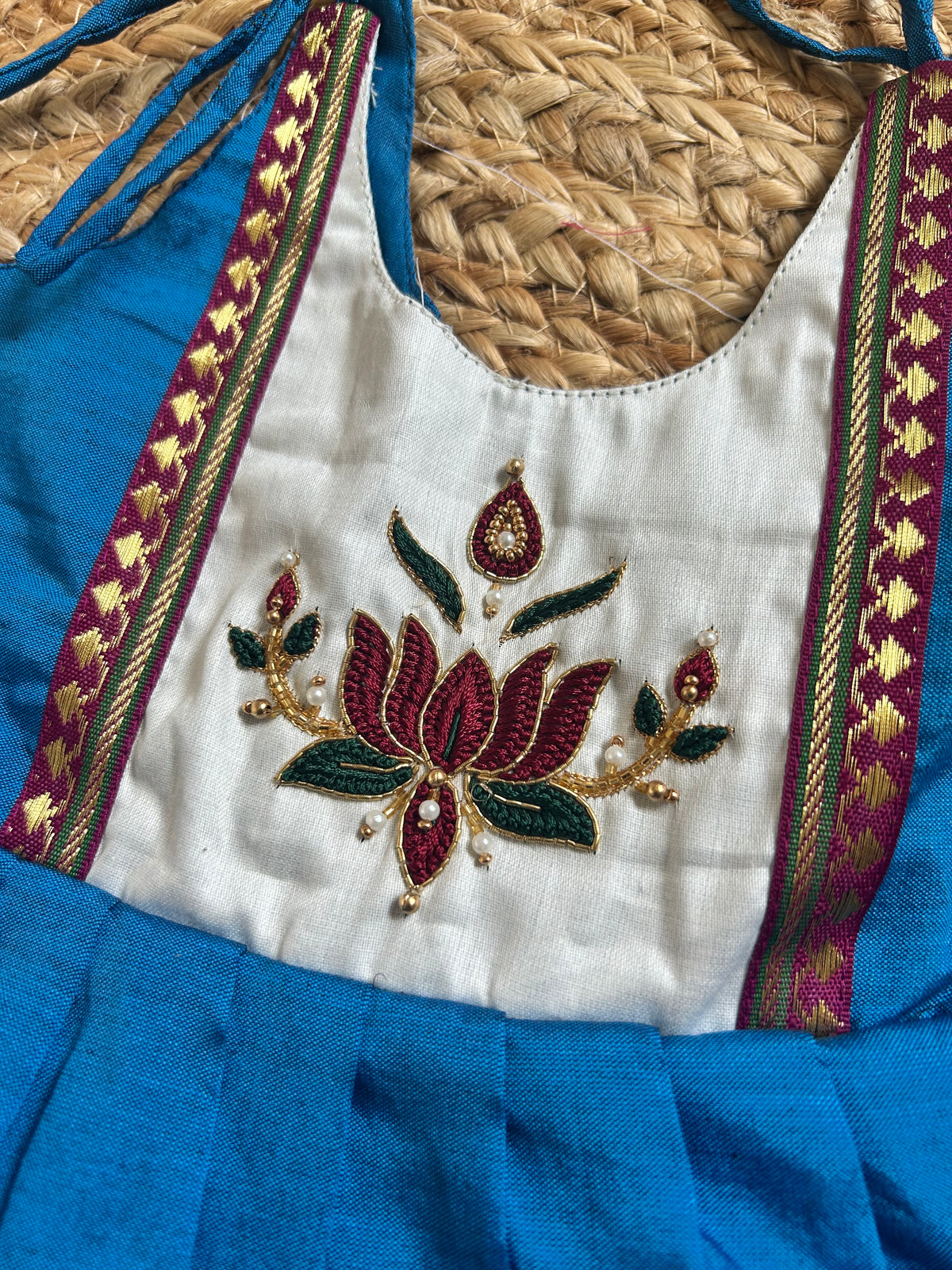 Peacock Blue Lotus Embroidered Multi-Layered Ethnic Wear for Baby Girl – Traditional frock for Baby Girl