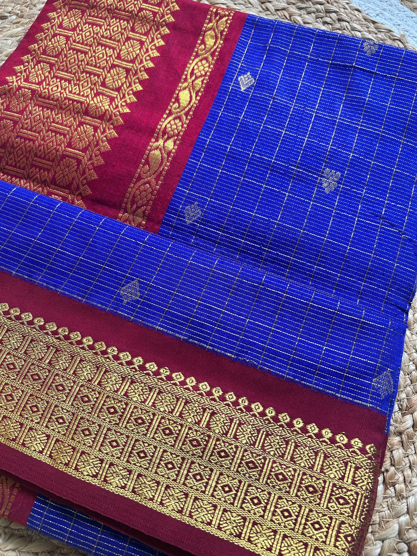 Royal Blue & Maroon Handloom Silk Cotton Saree with Gold Zari Border