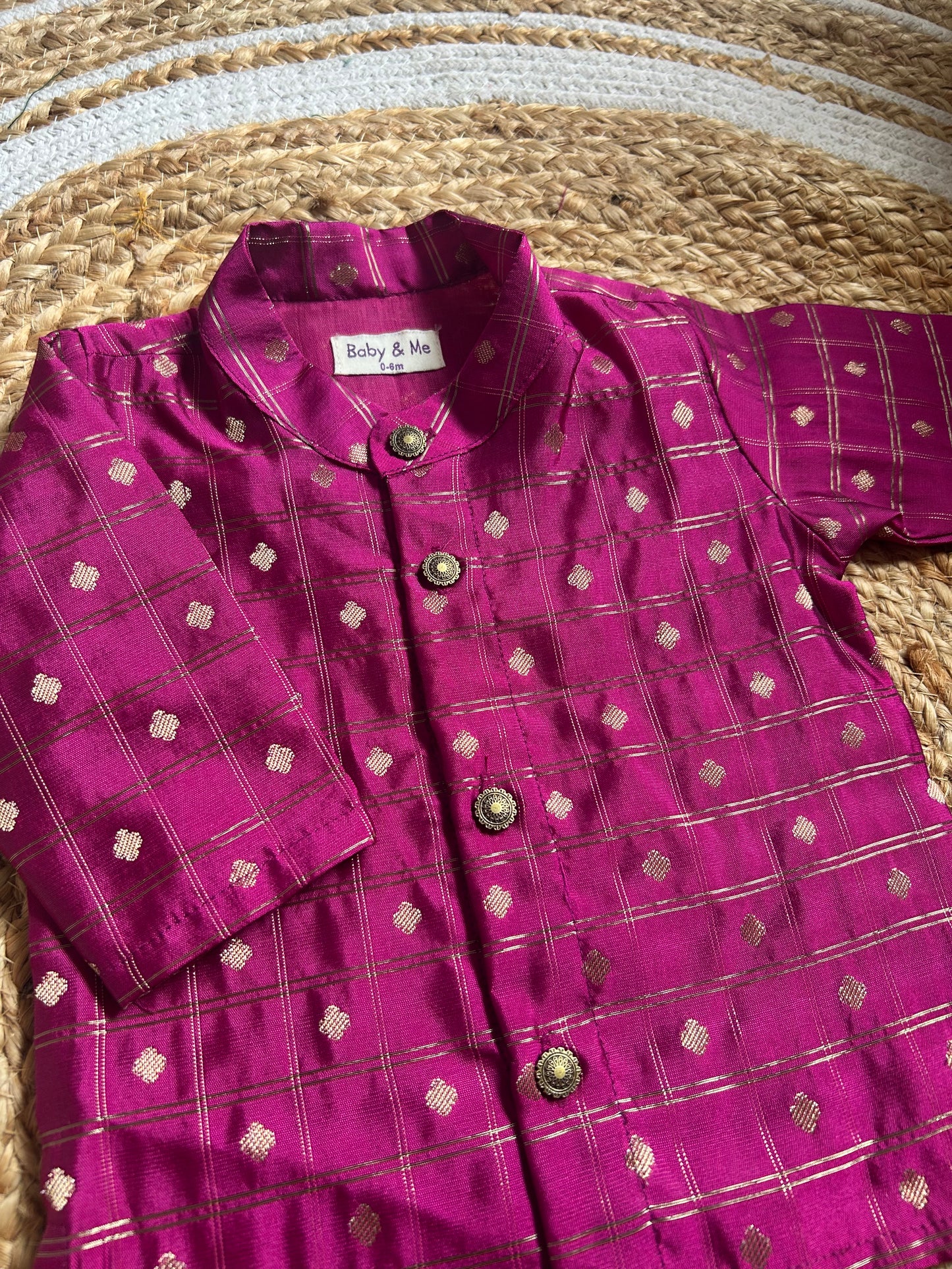 Dark pink with cream reshme chowka Kurta Dhoti for baby boy - Festive Collection