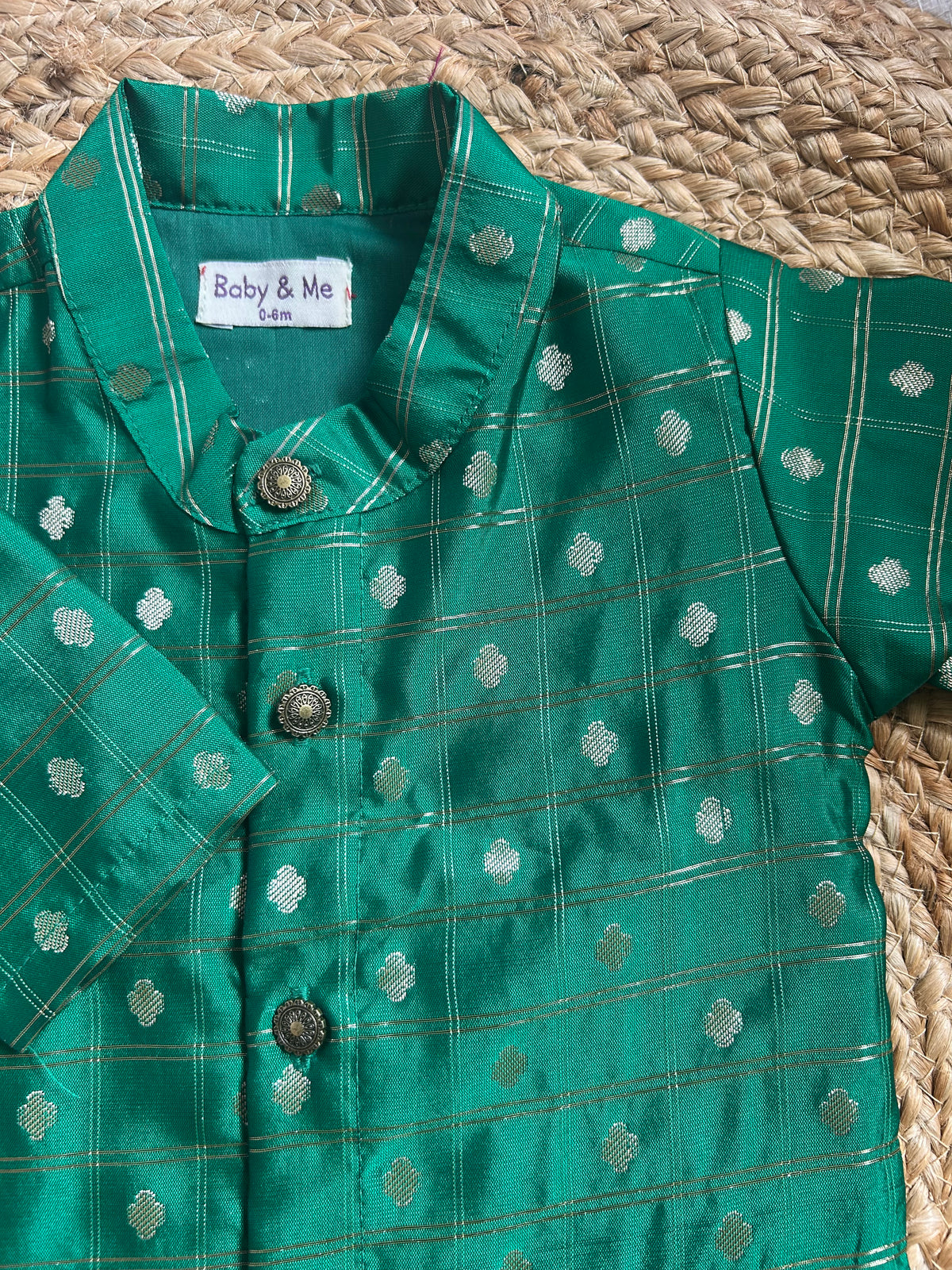Green with cream reshme chowka Kurta Dhoti for baby boy - Festive Collection