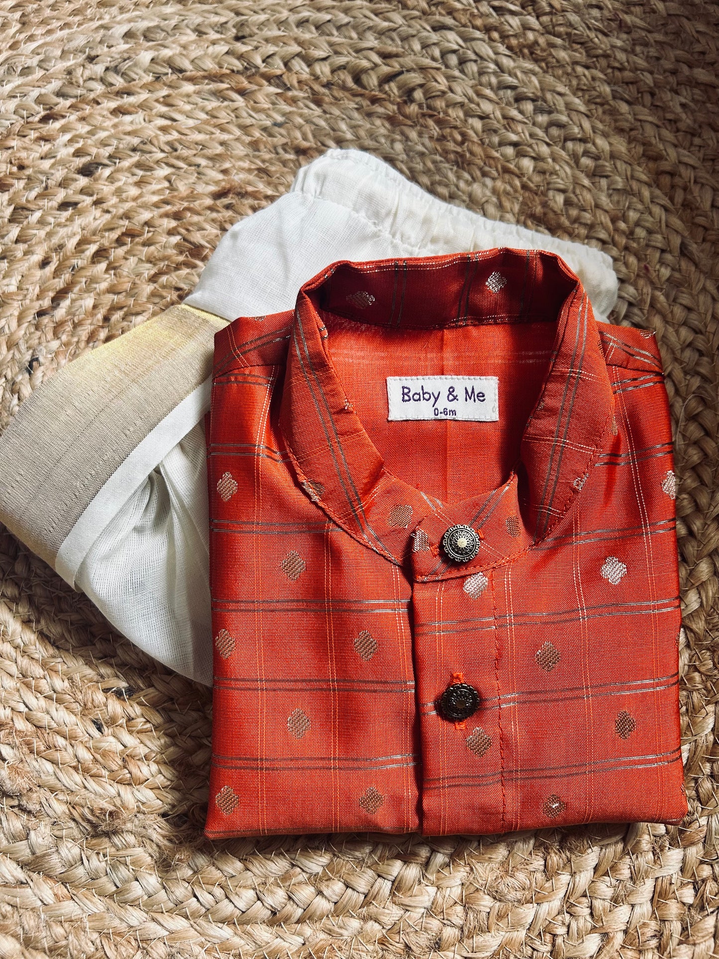 Reshme chowka orange with handloom cotton white with zari dhoti ethnic wear for baby boy