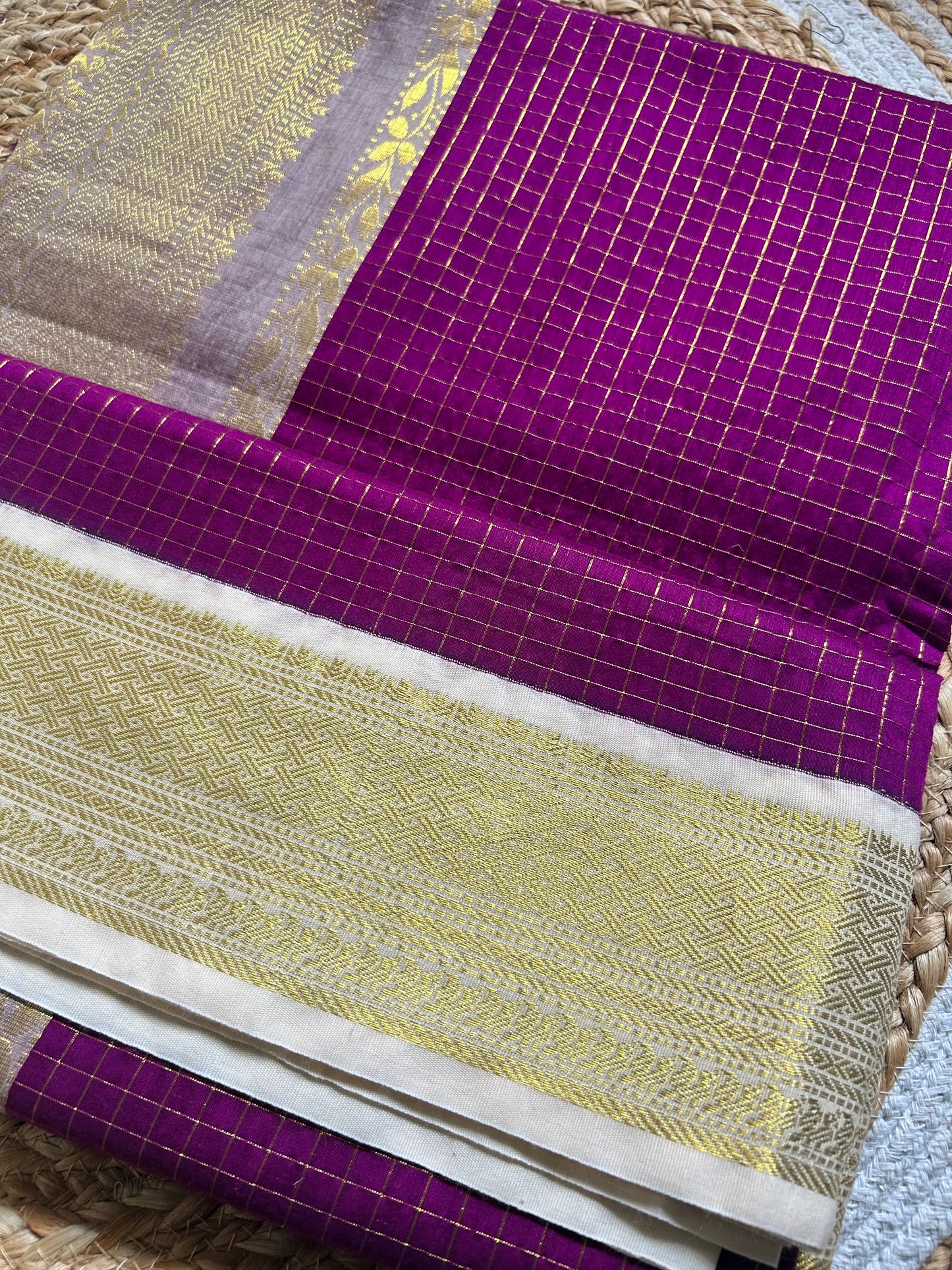 Magenta & Ivory Handloom Silk Cotton Saree with Gold Zari Border