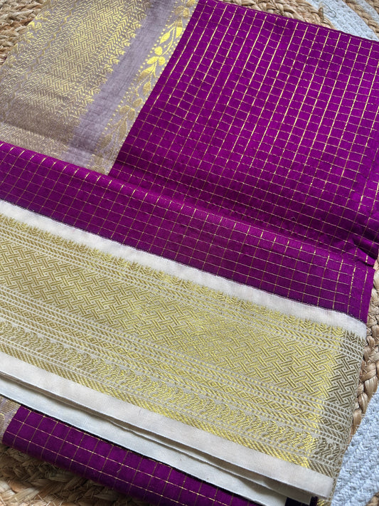 Magenta & Ivory Handloom Silk Cotton Saree with Gold Zari Border
