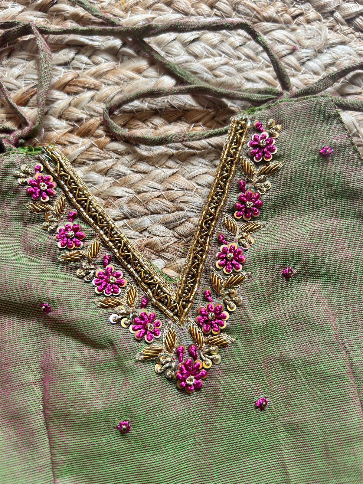 Saraswati - Kanchi border green handloom cotton sleeveless heritage frock for baby girl