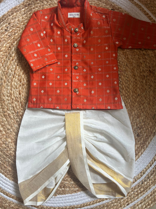 Reshme chowka orange with handloom cotton white with zari dhoti ethnic wear for baby boy