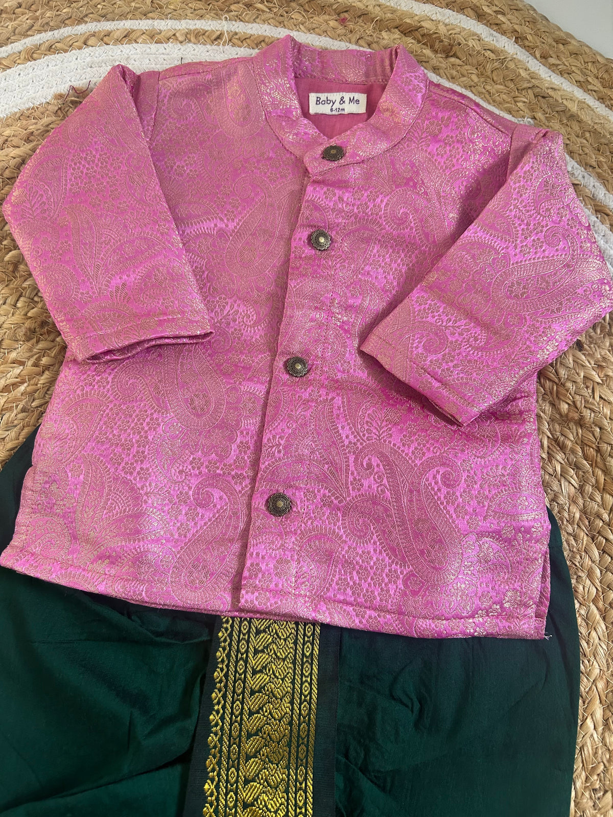 Gulabi Paisley Light Pink Banarasi kurta with traditional Bottle green dhoti ethnic wear for baby boy
