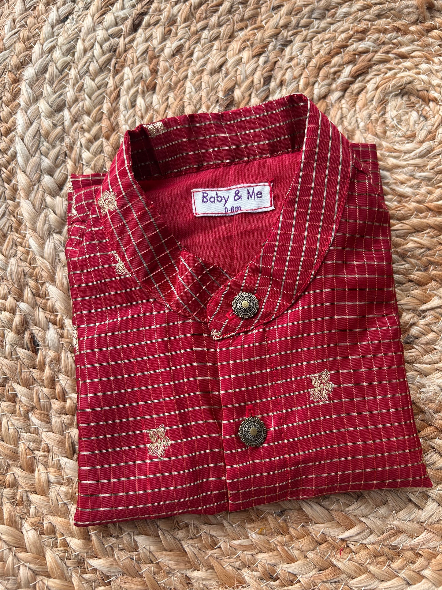 Maroon silk checks Kurta for baby boy ethnic top wear