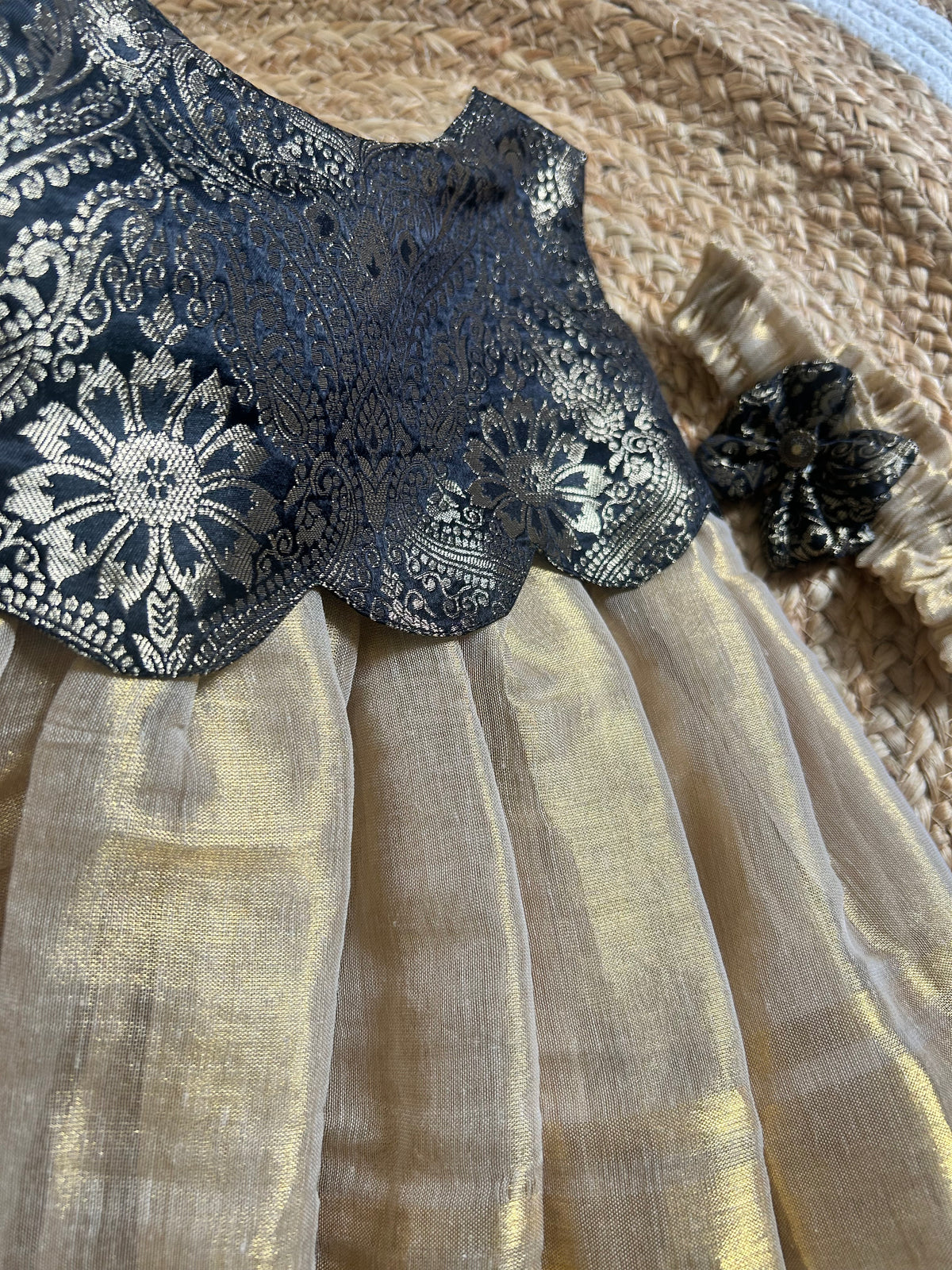 Royal Black & Golden Gleam  Scallop Gown Ethnic Wear for Baby Girl – Birthday frock for Baby Girl