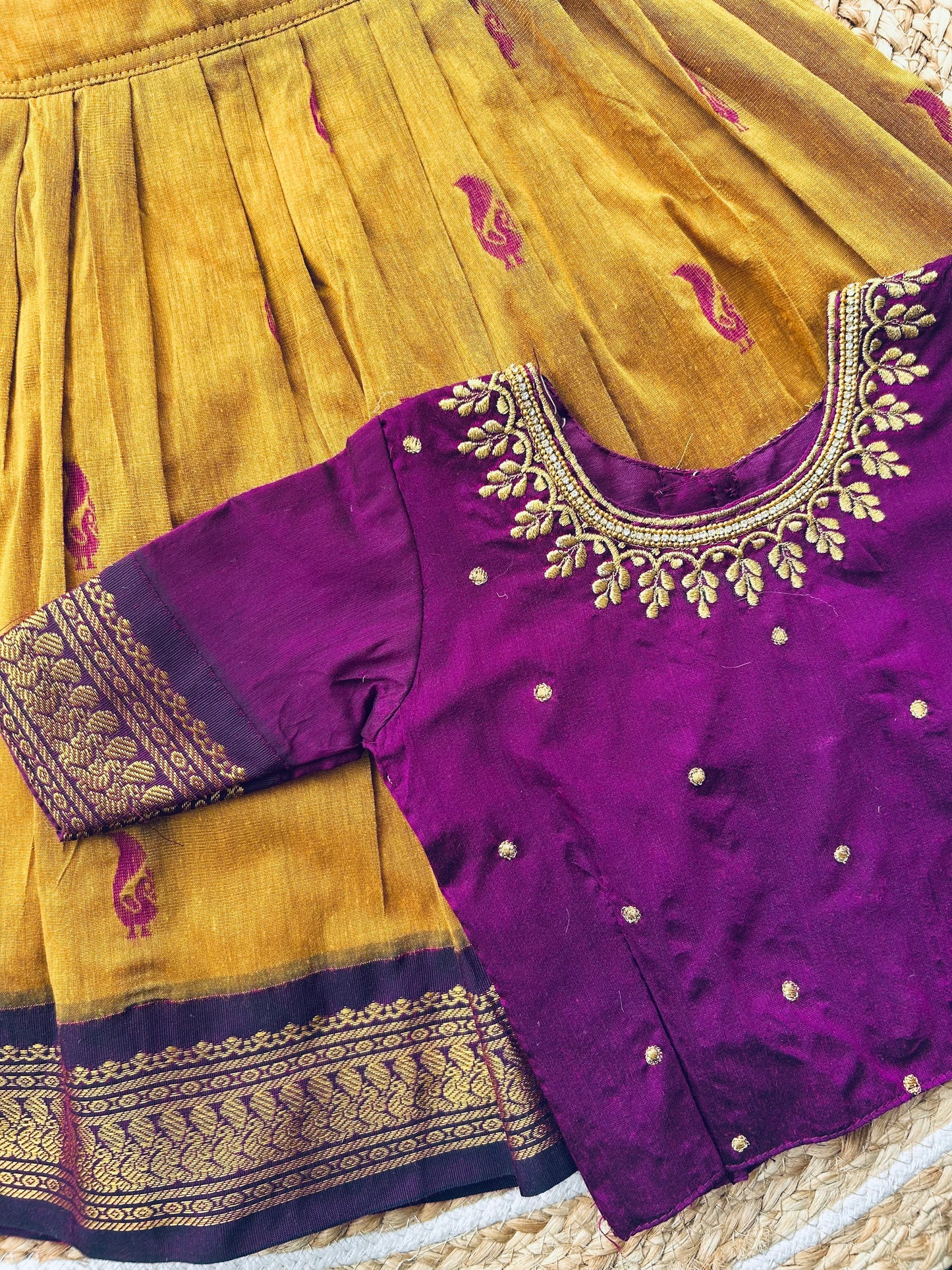 Embroideried Traditional langa blouse / pavadai mustard yellow with wine for baby girl