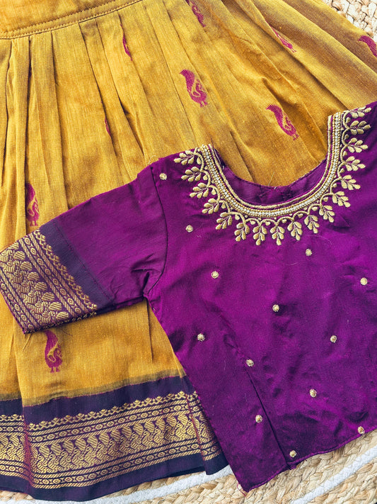 Embroideried Traditional langa blouse / pavadai mustard yellow with wine for baby girl
