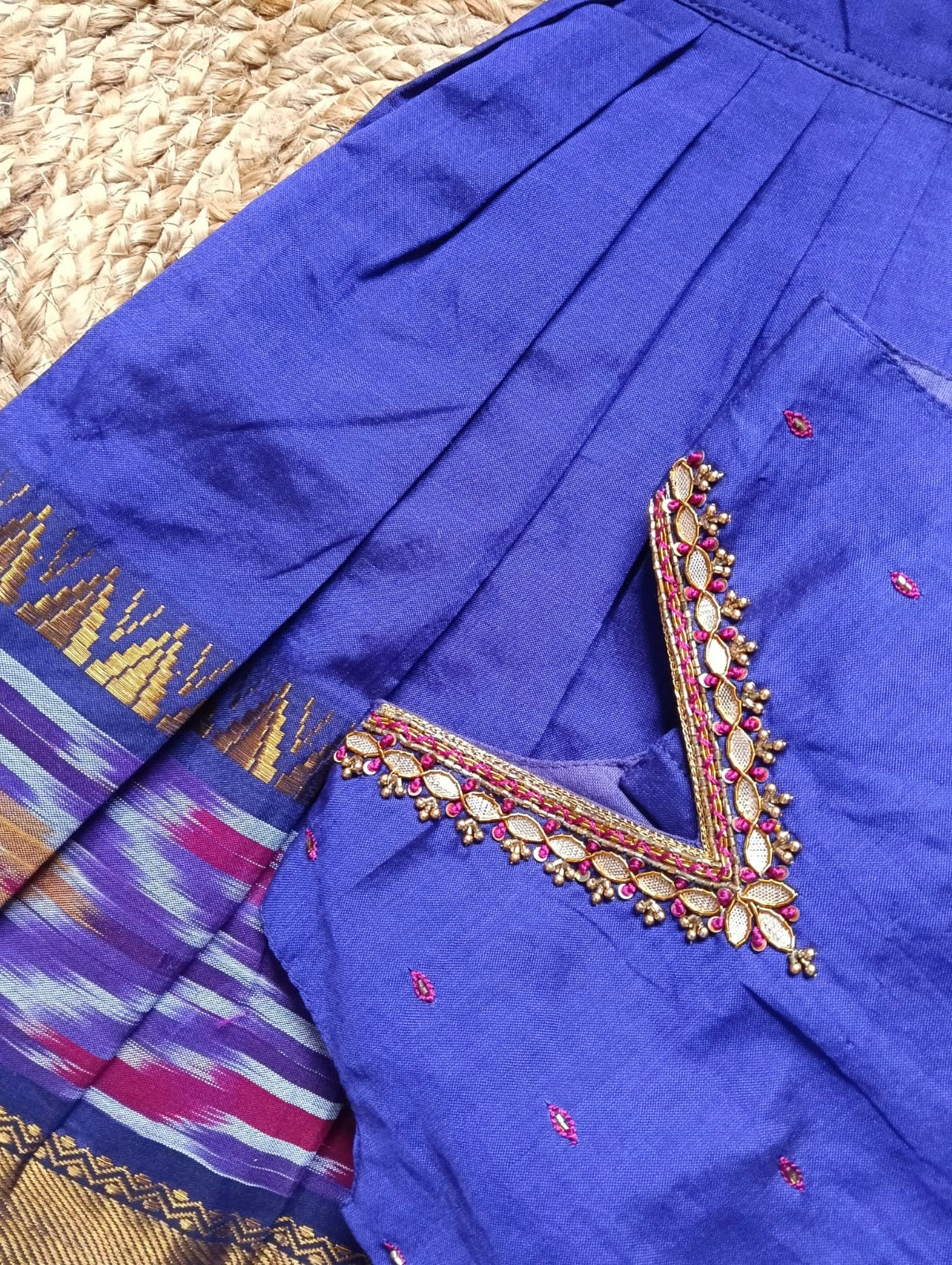 Pochampally border purple kanchi silk cotton sleeveless heritage langa blouse for baby girl