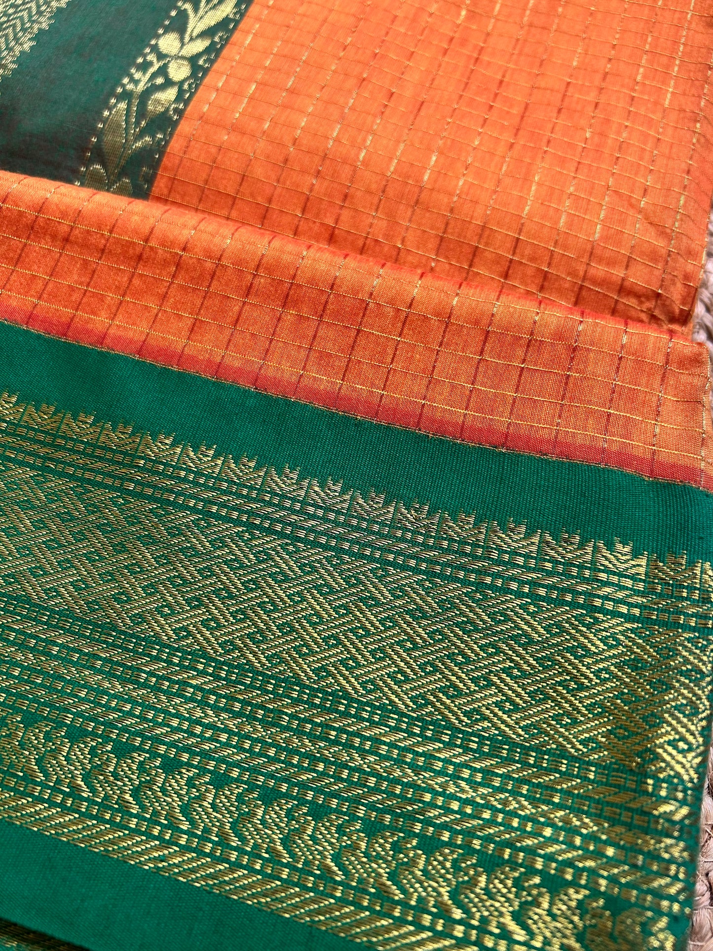 Teal Green & Rust Orange Handloom Silk Cotton Saree with Gold Zari Border