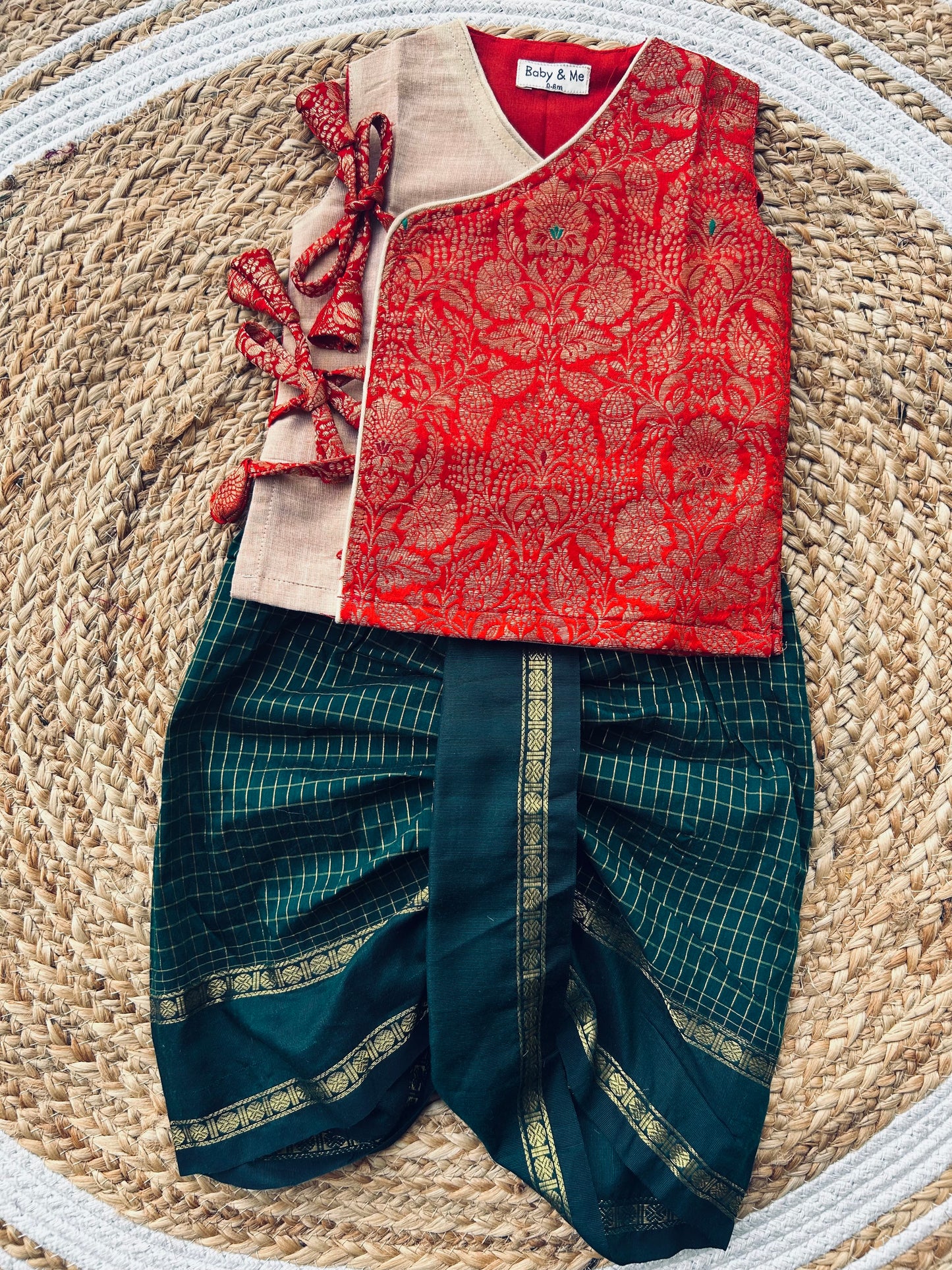 Red Banarasi angrakha with gold tissue dhoti comfortable ethnic wear for baby boy