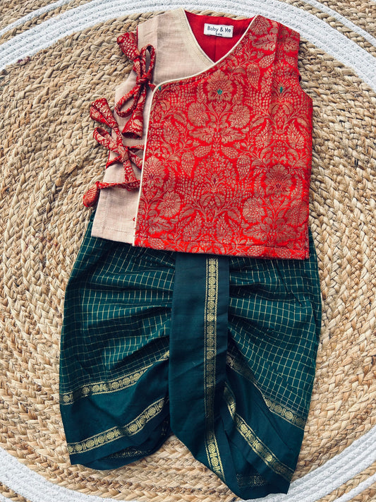 Red Banarasi angrakha with gold tissue dhoti comfortable ethnic wear for baby boy