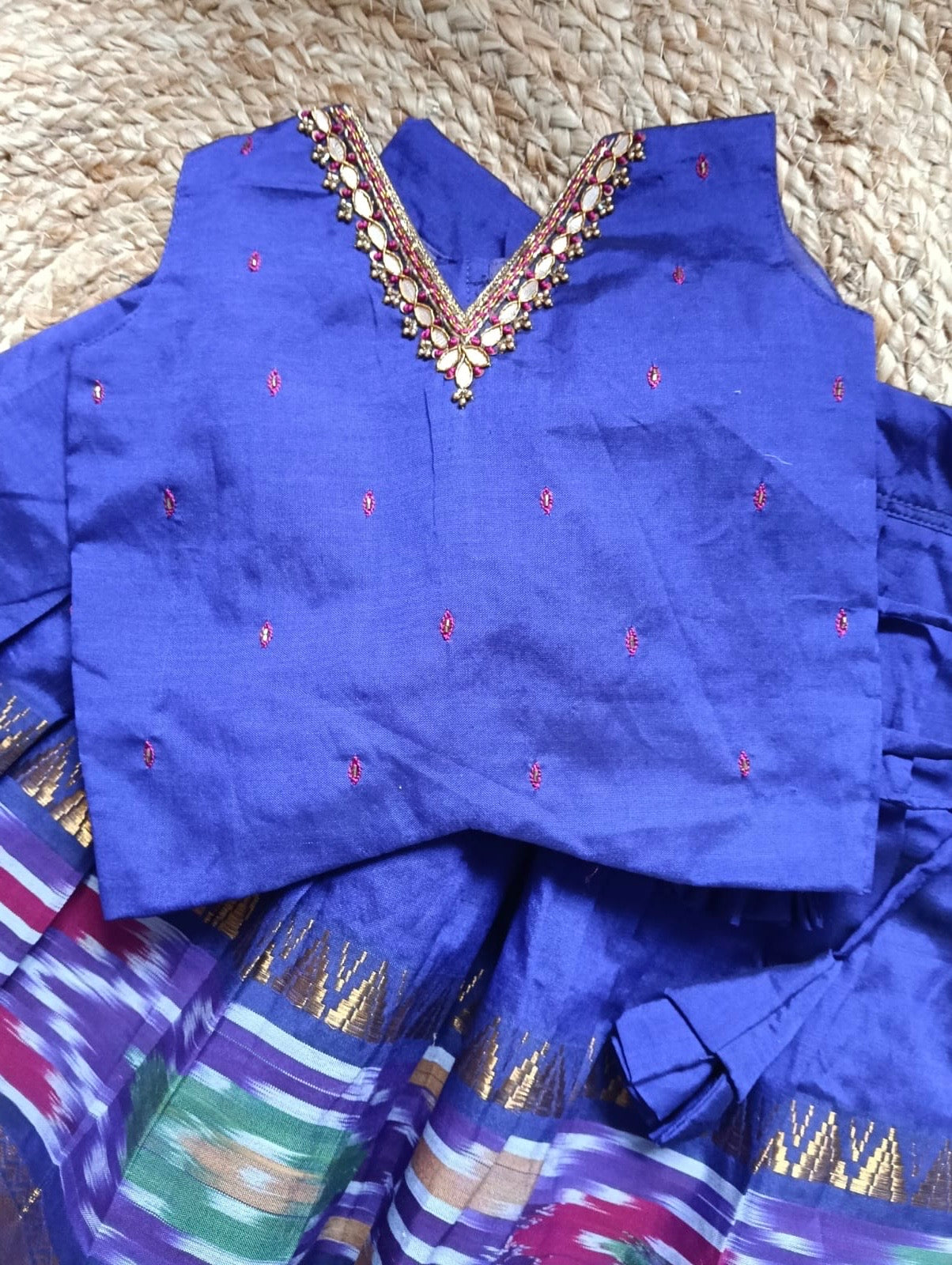 Pochampally border purple kanchi silk cotton sleeveless heritage langa blouse for baby girl