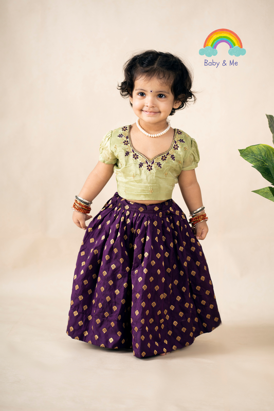 Pista green with wine'ish - purple silk south indian ethnic wear langa blouse for baby girl