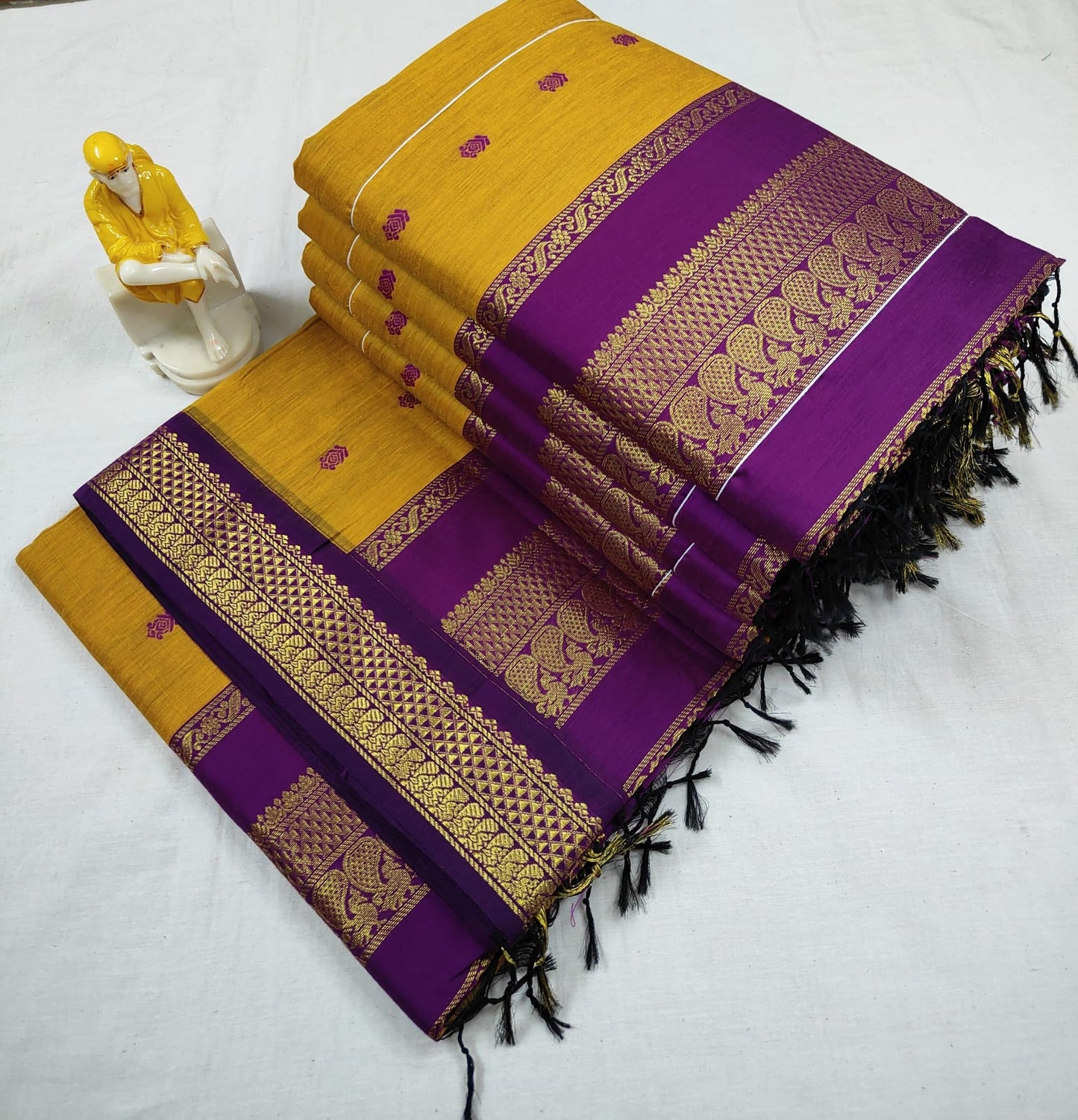 Honey Yellow and wine - Premium Cotton Silk Saree with Contrast Blouse