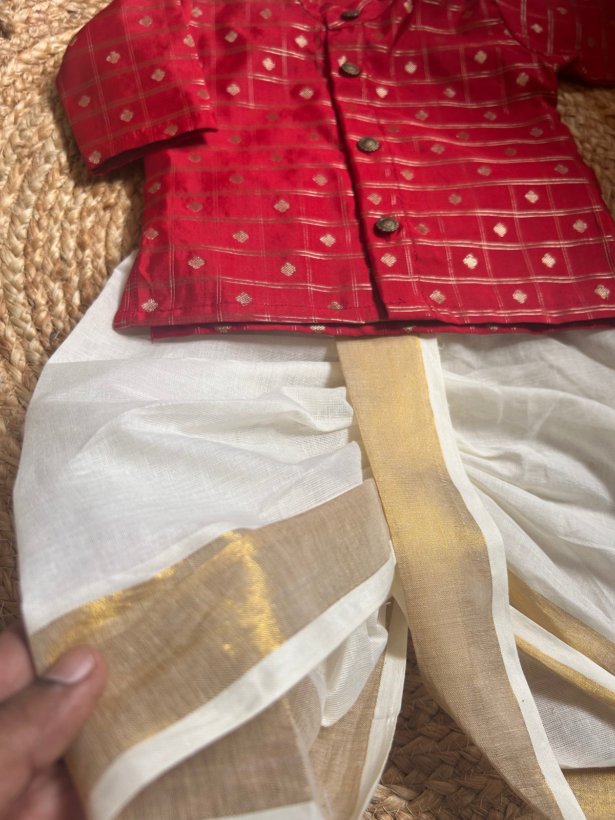 Reshme chowka red kurta with handloom cotton white with zari dhoti ethnic wear for baby boy
