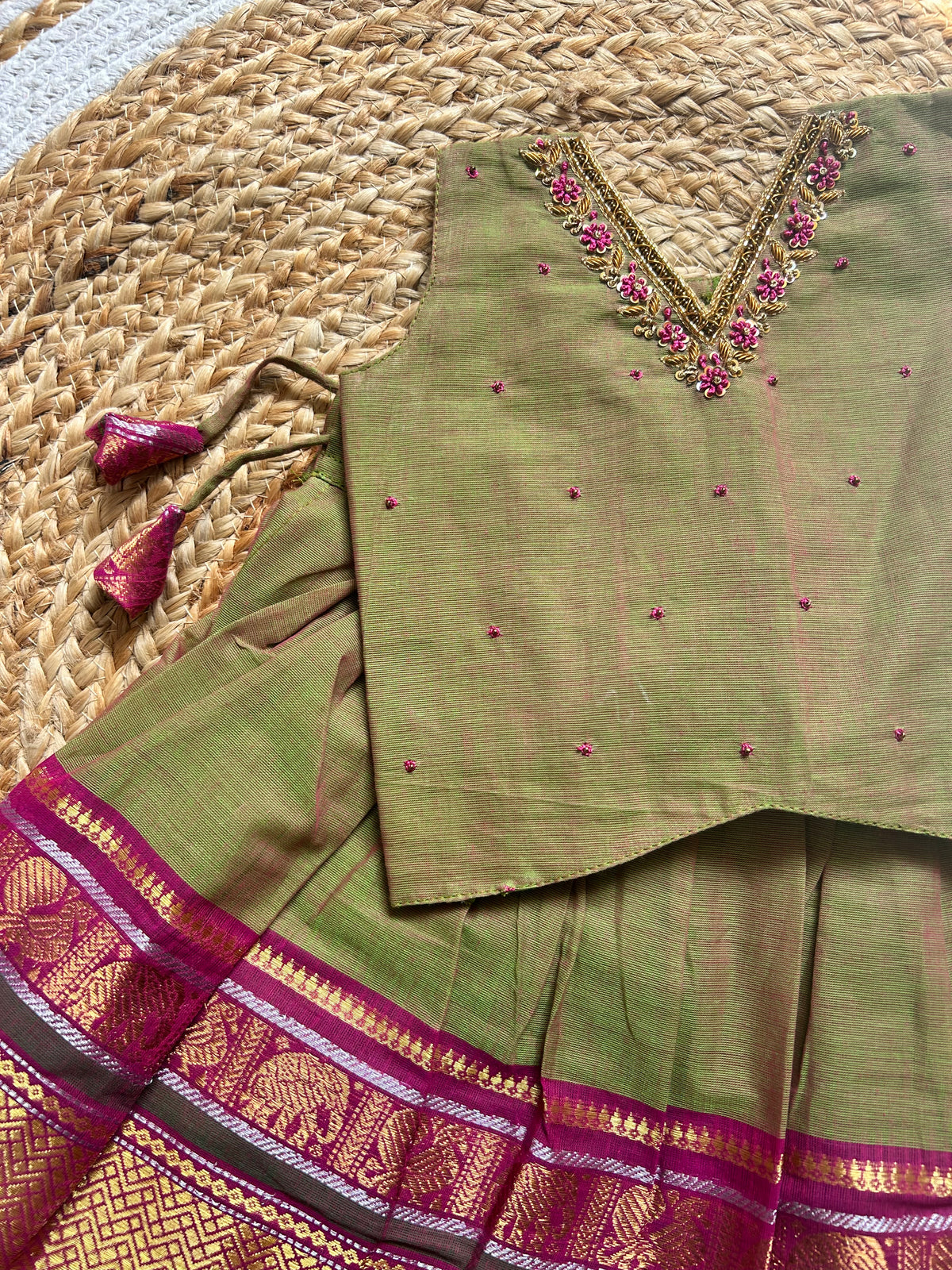 Bhavani - Kanchi border green handloom cotton sleeveless heritage langa blouse for baby girl
