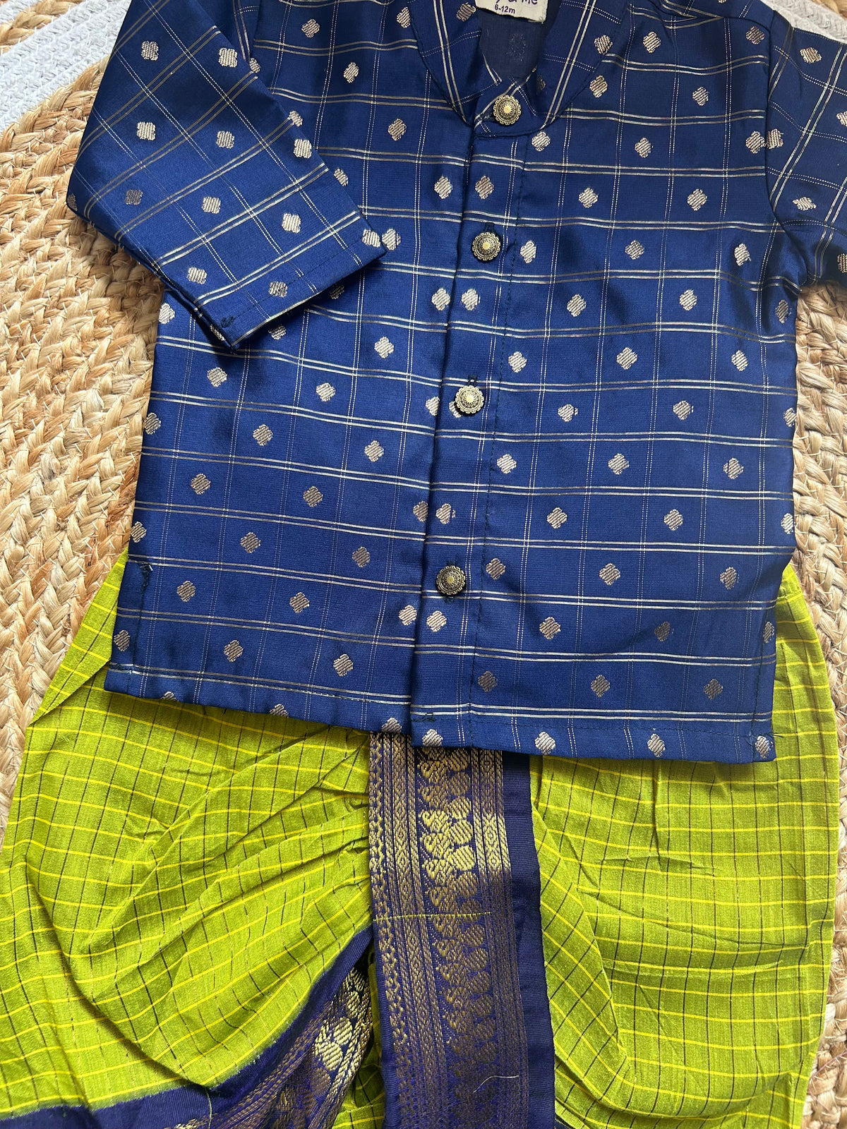 Navy blue reshme chowka Kurta with green  dhoti  traditional ethnic wear for baby boy