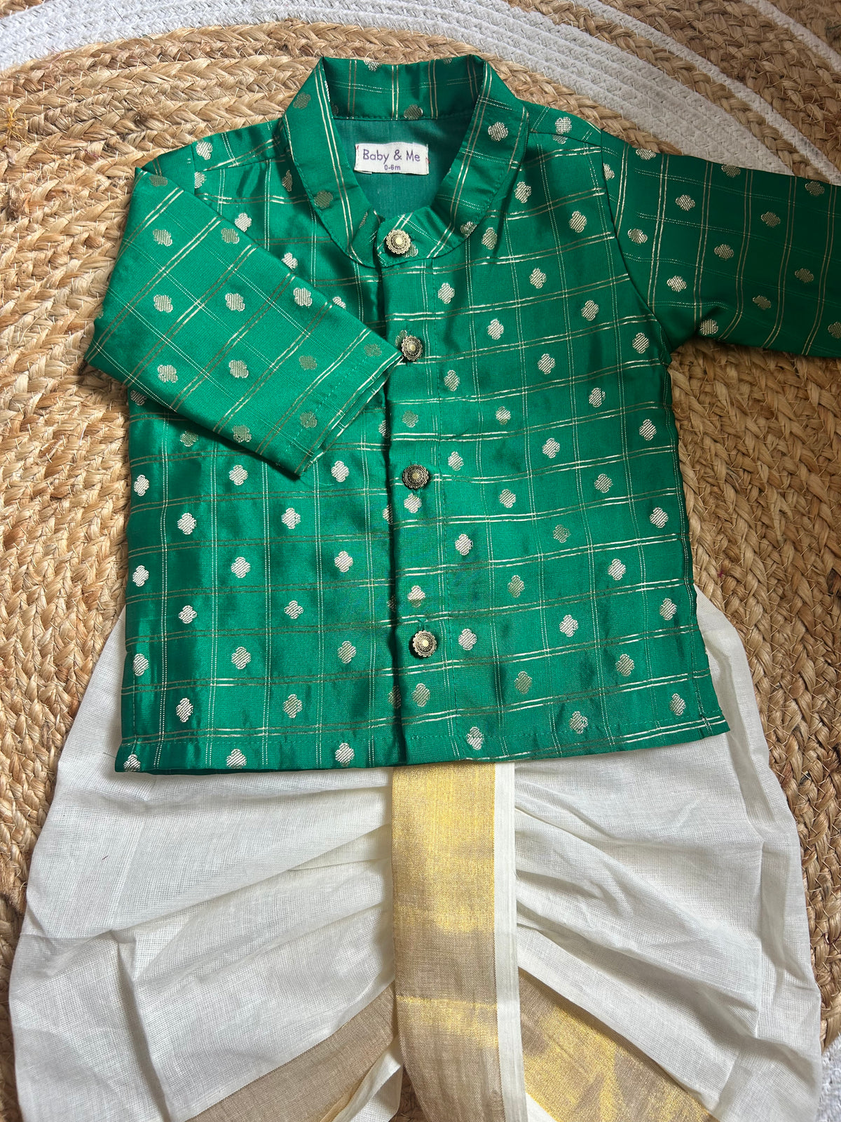 Green with cream reshme chowka Kurta Dhoti for baby boy - Festive Collection