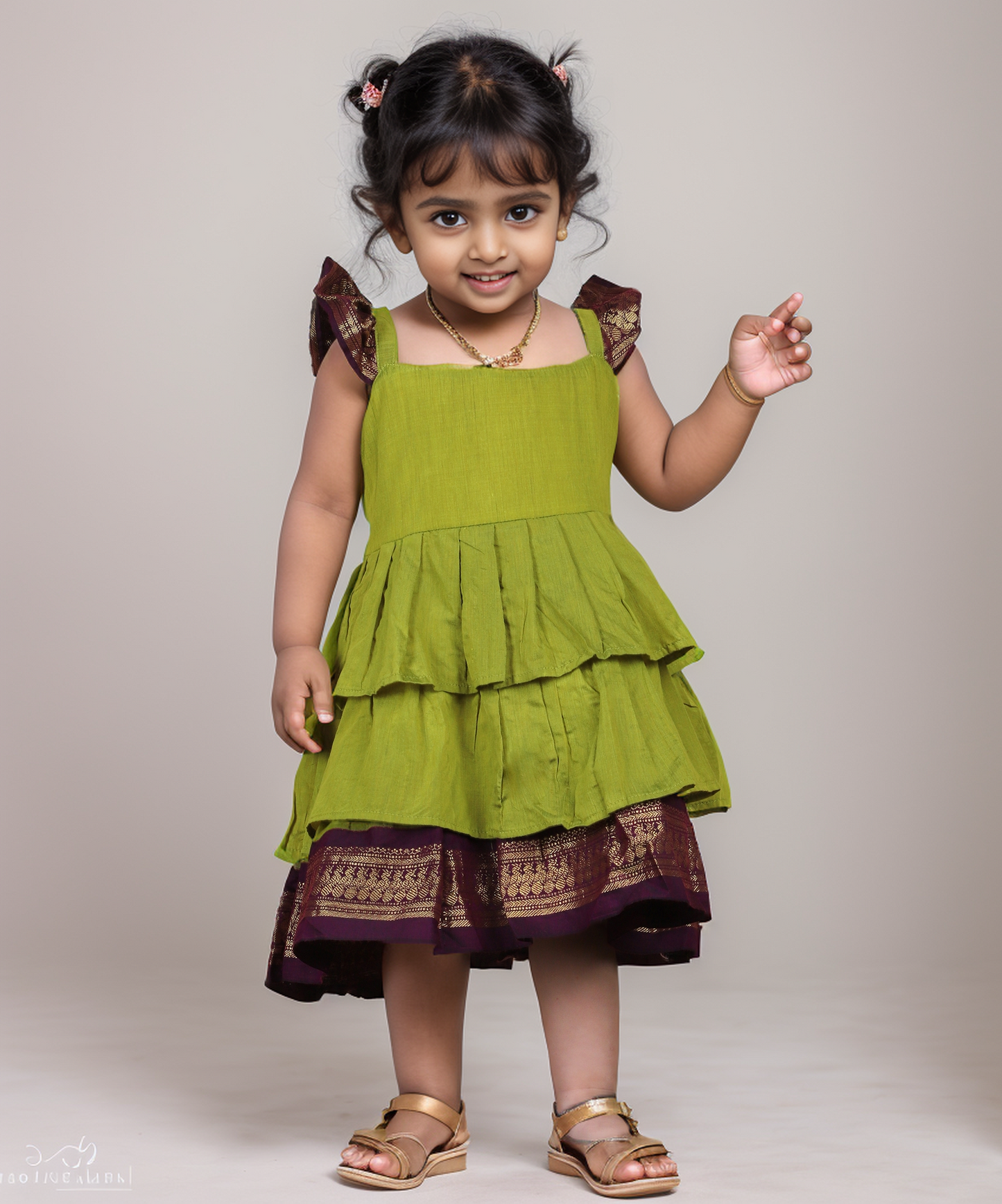 Green with wine - Cotton Silk 3 Layered South Indian Ethnic Frock for Baby Girl