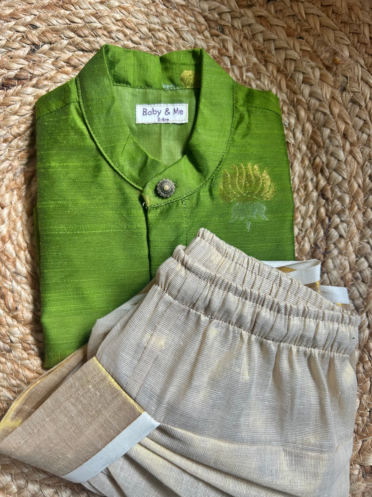 Nature green lotus weave cotton silk kurta with gold Dhoti for Boys – Traditional South Indian Ethnic Wear for Baby Boy