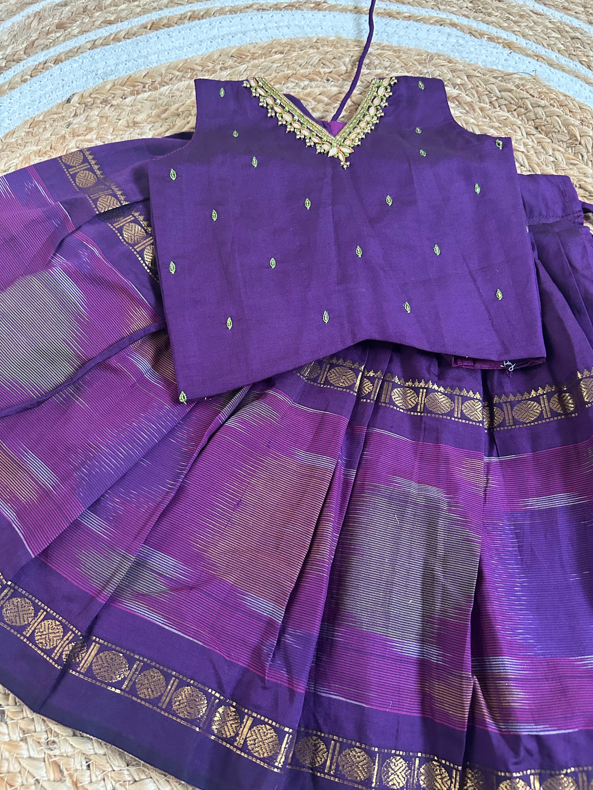Pochampally border purple kanchi silk cotton sleeveless heritage langa blouse for baby girl