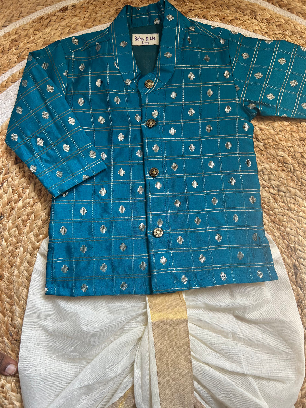 Aqua blue reshme chowka kurta with white dhoti traditional ethnic wear for baby boy
