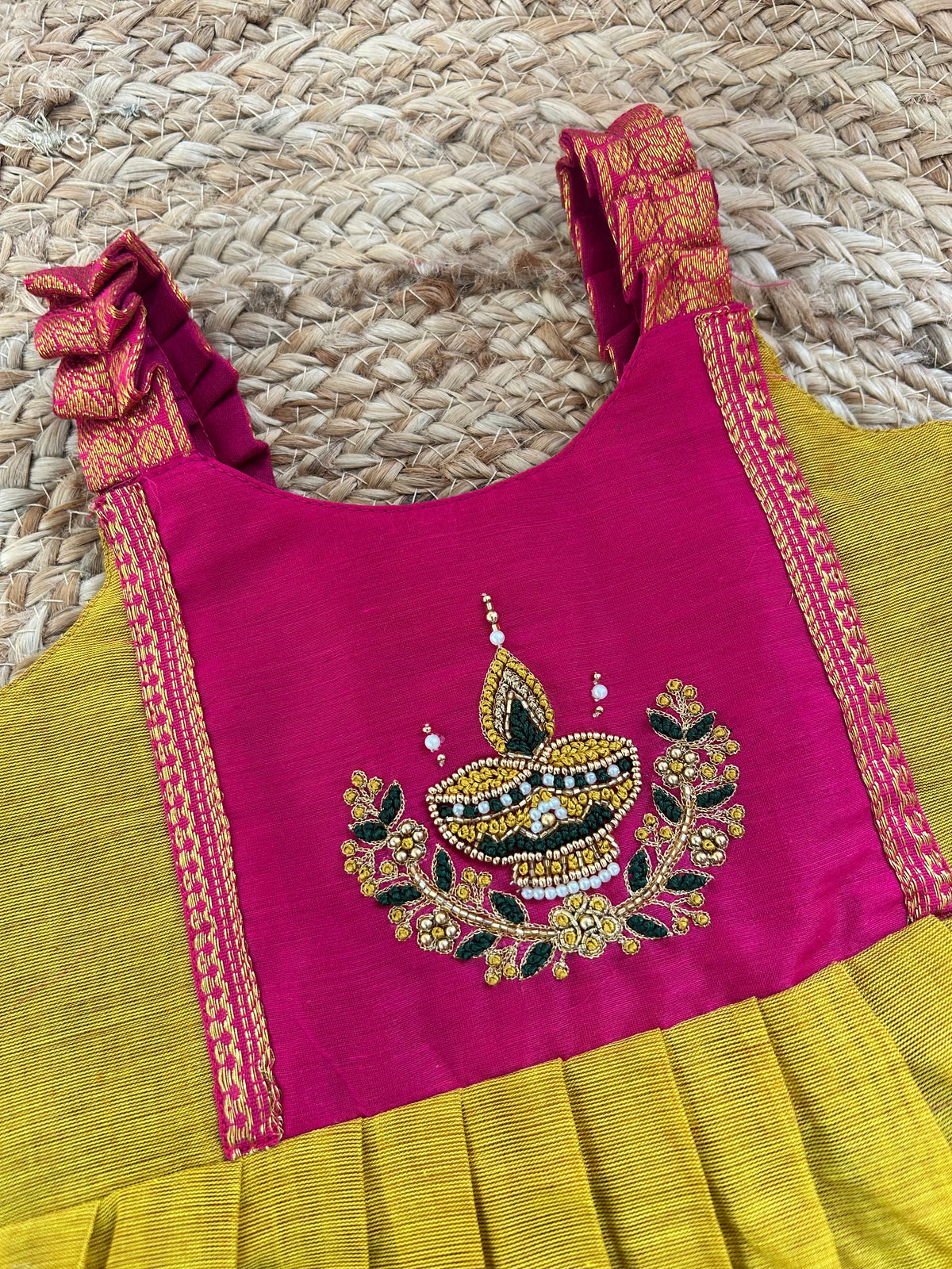 Turmeric yellow with pink Diya Embroidery Ethnic Wear for Baby Girl – Traditional frock for Baby Girl