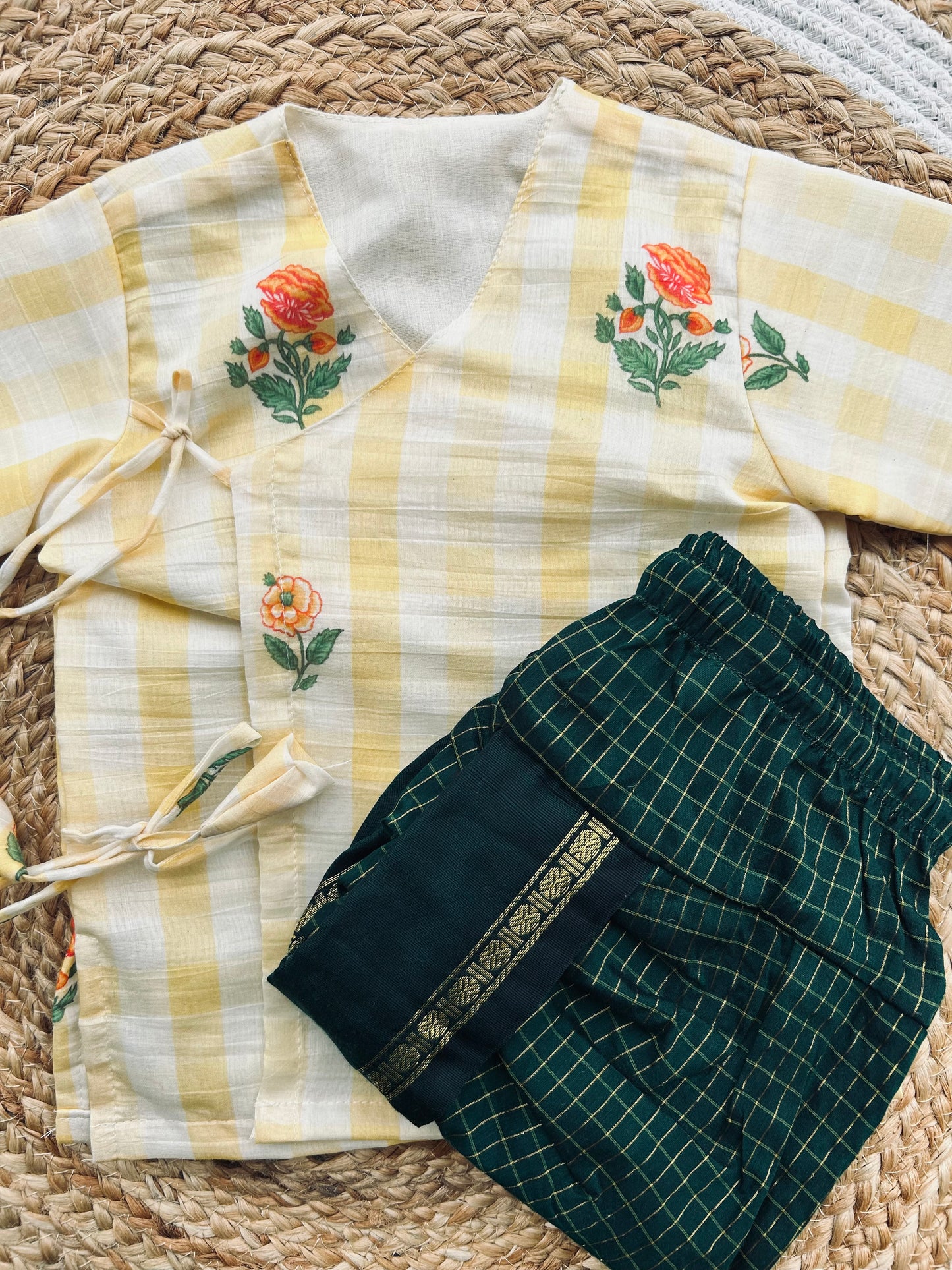 Summer yellow Angrakha with green dhoti comfortable ethnic wear for baby boy