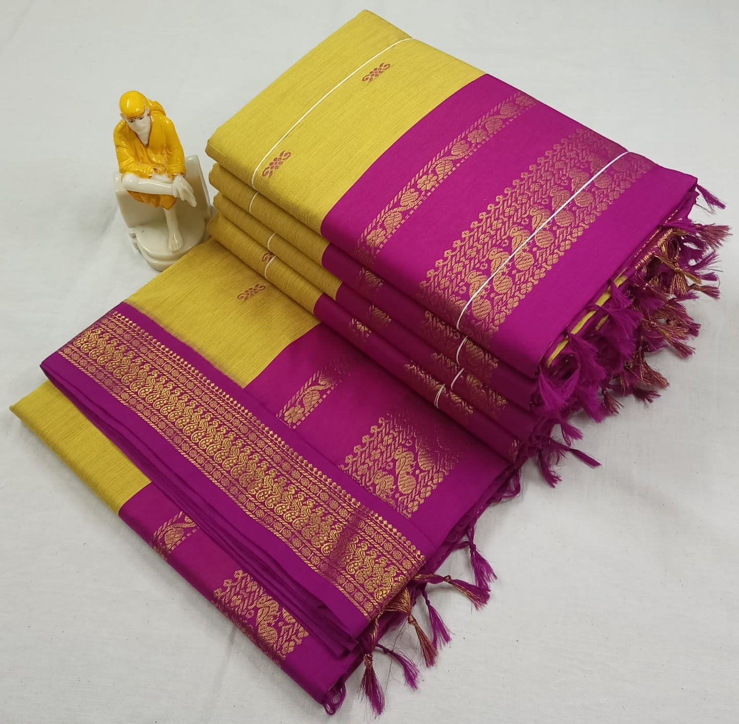 Mango Yellow with Hot Pink - Premium Cotton Silk Saree with Contrast Blouse