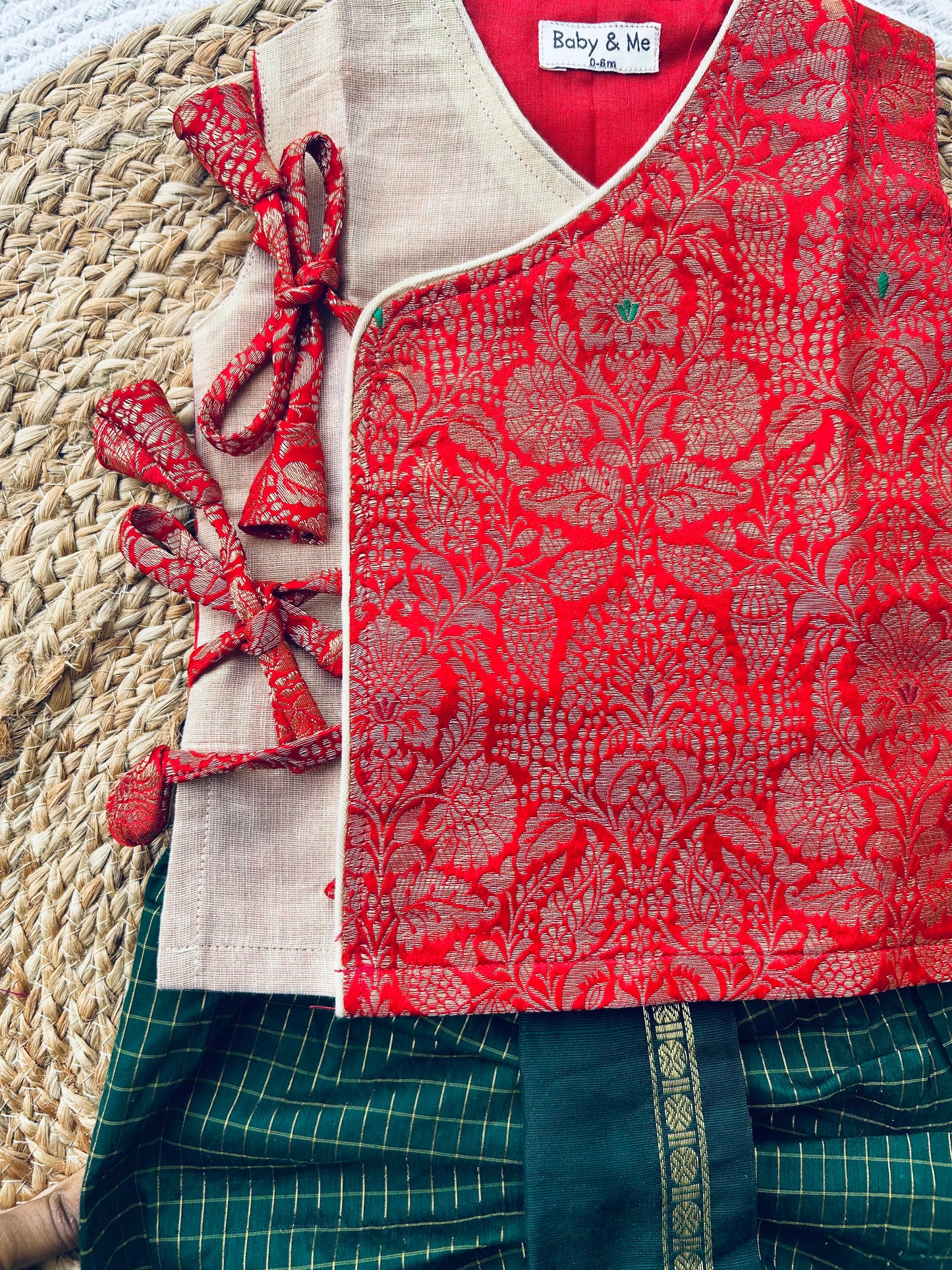 Red Banarasi angrakha with gold tissue dhoti comfortable ethnic wear for baby boy